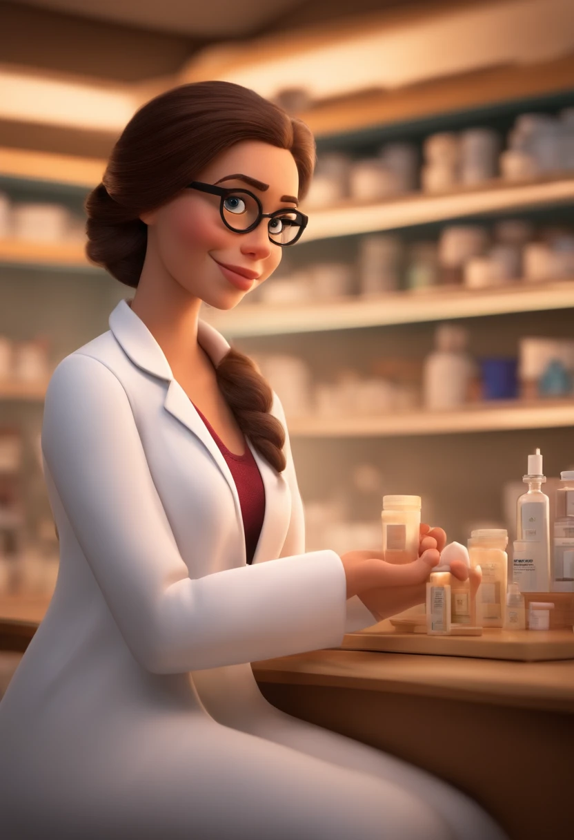 Imagem estilo Pixar com personagem 3D  mulher,branca, 22 anos, cabelo ruivo liso,rosto levemente arredondado, bochechas grandes, queixo pequeno, sobrancelha feita,Some signs on the neck, curto, pharmacist lab coat, eyeglass, Maquiagem Disney, Pharmacy environment, bonitinho, sorridente ,Close-up, Pixar, Disney, Cinema lighting,
