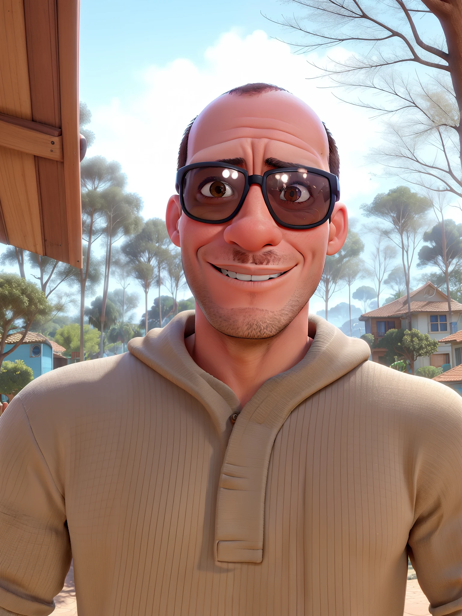 Homem moreno careca, sunglasses, estilo Disney pixar