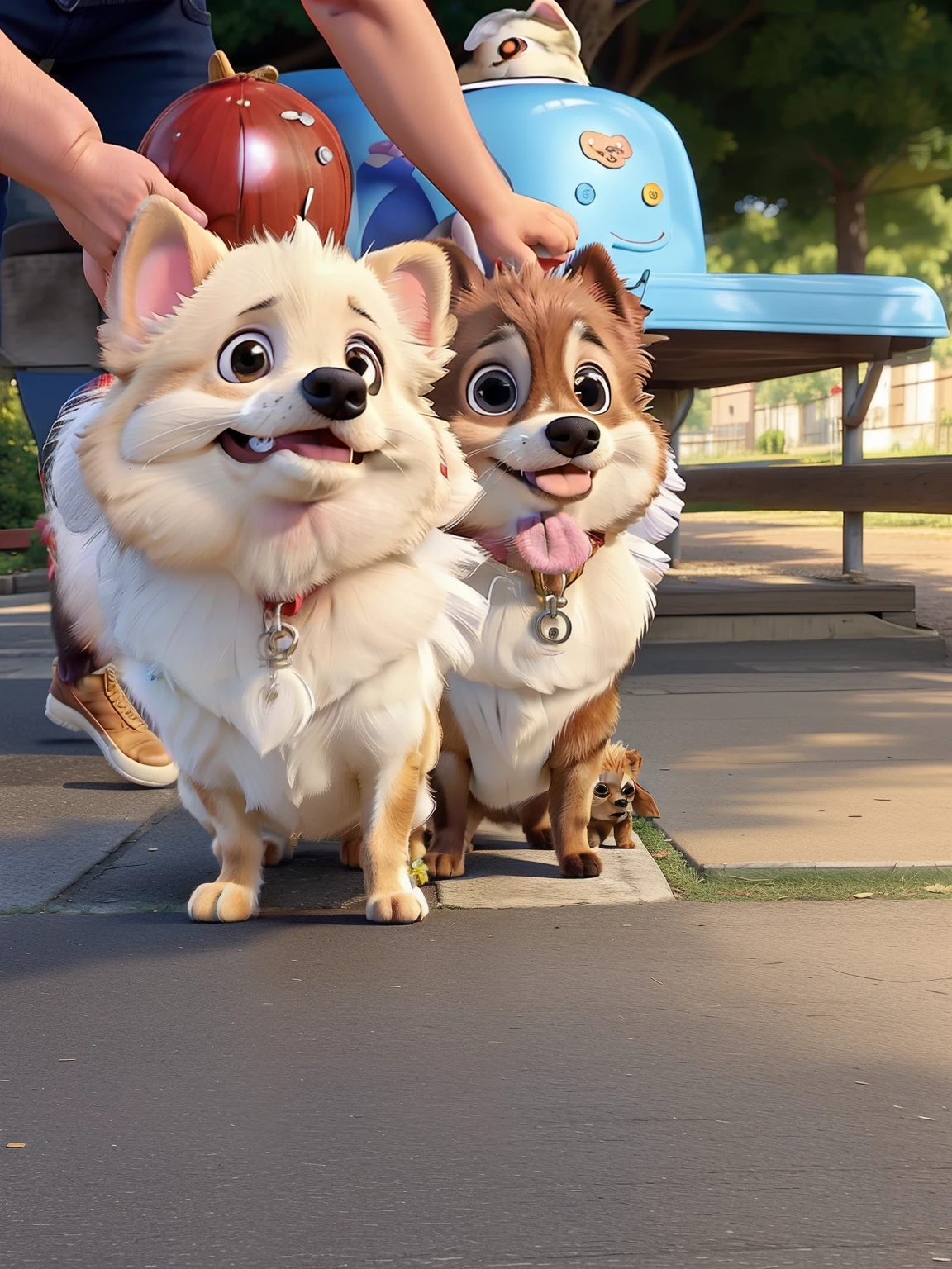 Two small dogs stand on a leash on a sidewalk, Two dogs, Mistura Pomeriana, Pomeranian, Filhotes vermelhos, dois do sexo masculino, masculino, Filhotes, dogs, with dogs, adult pair of twins, rostos bonitos, both smiling for the camera, 2 animais, aw, meninos bonitos, OMG, Capacho!!!