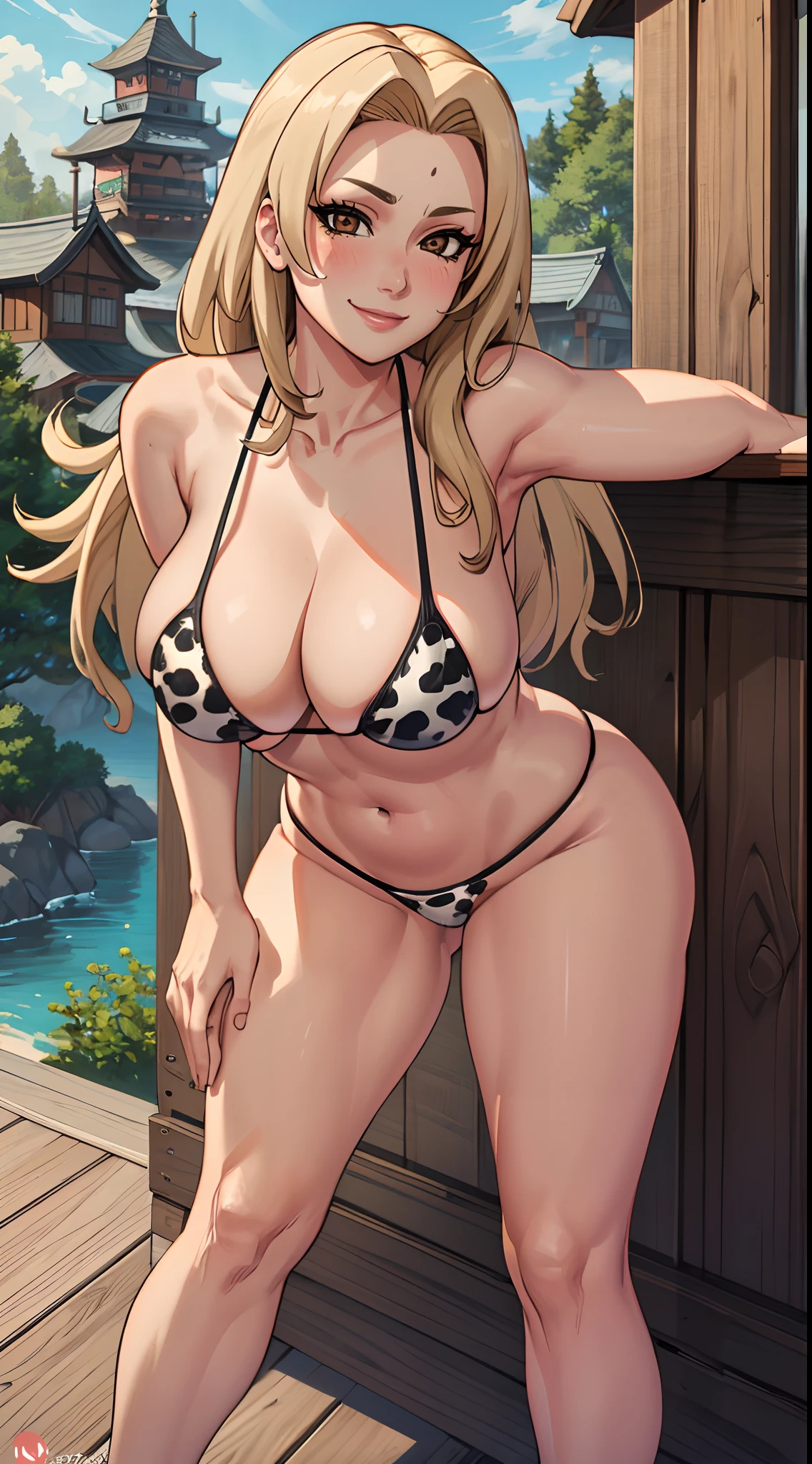 (best quality:1.3), (4K quality), Tsunade, ((detailed face)),((smile)), ((curvy body)), (big breasts), sexy, (( long hair)), ((thong bikini cow)), ((deck)), ((leaning forward))