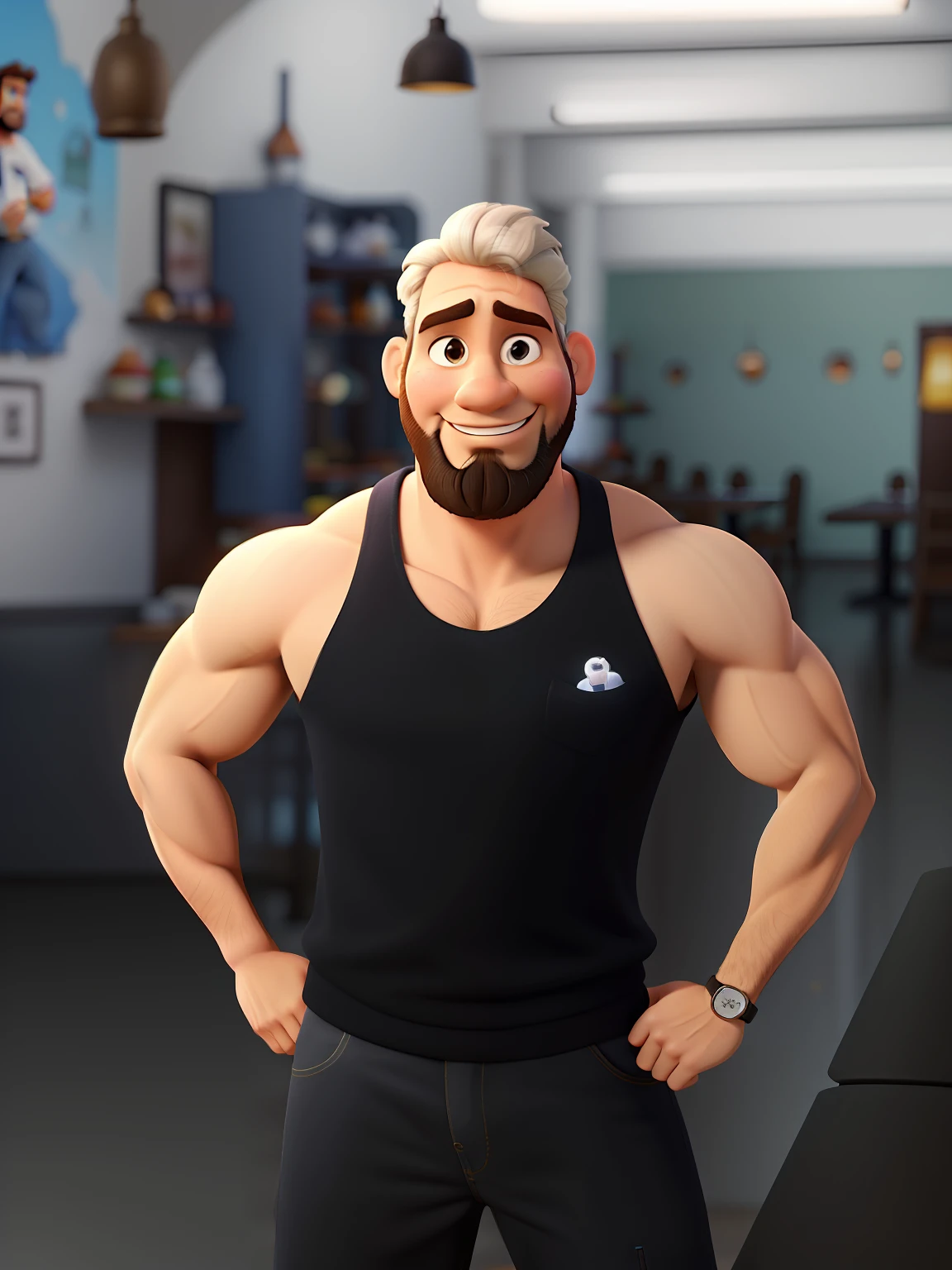 Poster no estilo Disney pixar, alta qualidade, melhor qualidade, homem sexy branco, 30 anos cabelo grisalho barba preta, musculoso, com fundo em um restaurante a luz de velas