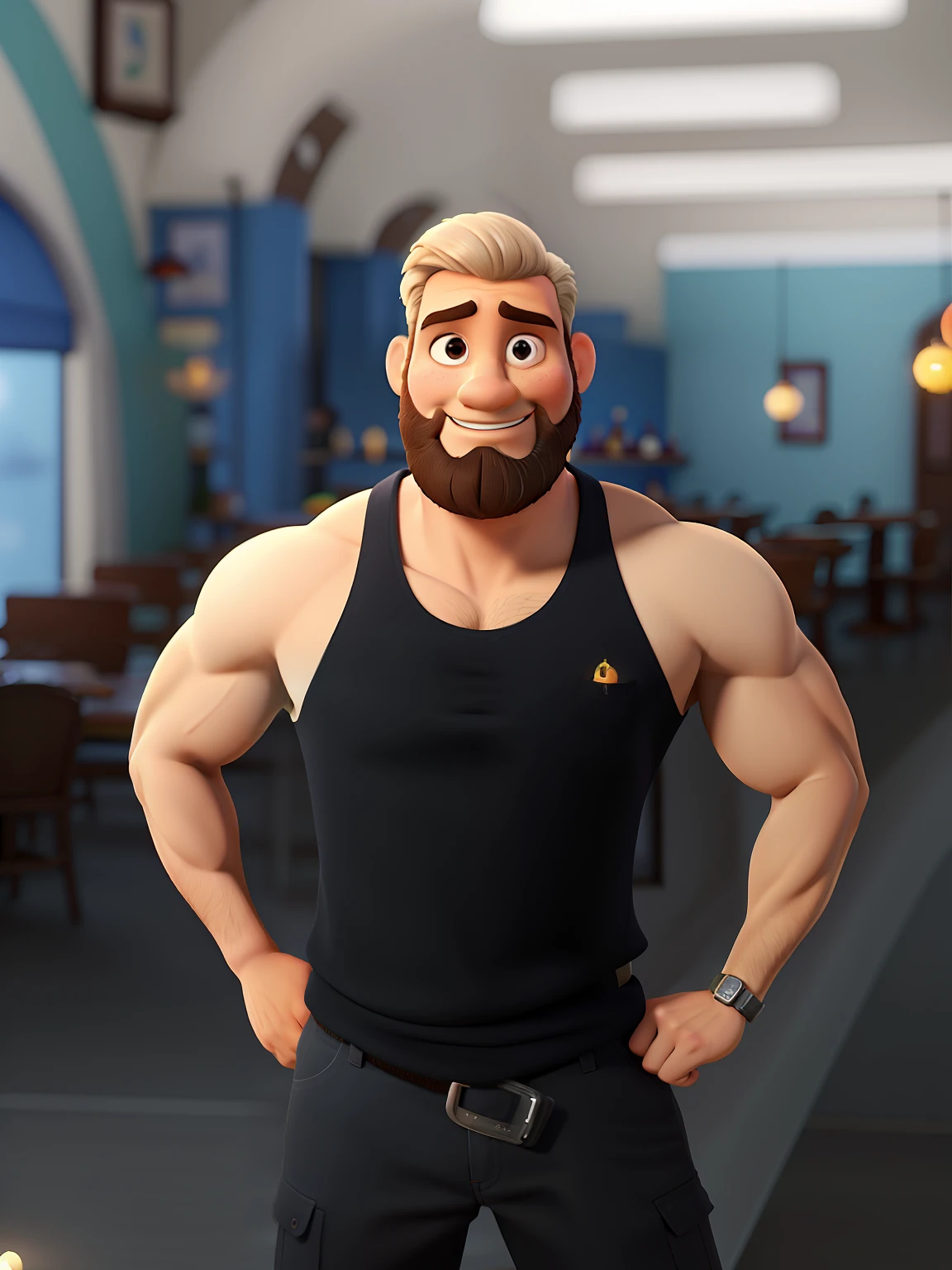 Poster no estilo Disney pixar, alta qualidade, melhor qualidade, homem sexy branco, 30 anos cabelo grisalho barba preta, musculoso, com fundo em um restaurante a luz de velas