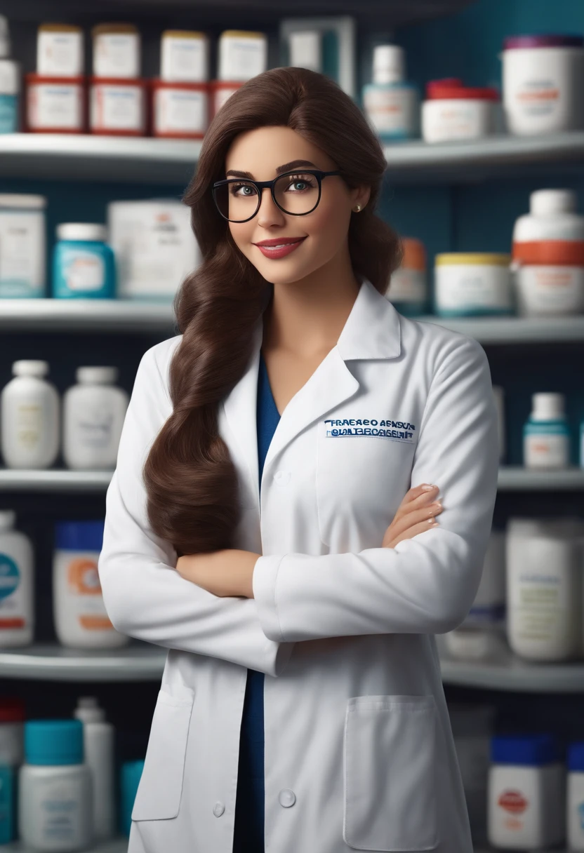 Imagem estilo Pixar com personagem 3D mulher,branca, 22 anos, cabelo ruivo liso,rosto levemente arredondado, bochechas grandes, queixo pequeno, sobrancelha feita,Some signs on the neck, curto, pharmacist lab coat, eyeglass, Maquiagem Disney, Pharmacy environment, bonitinho, sorridente ,Close-up, Pixar, Disney, Cinema lighting,