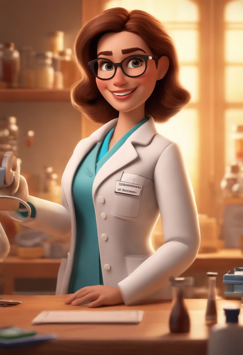 Imagem estilo Pixar com personagem 3D mulher,branca, 22 anos, cabelo ruivo liso,rosto levemente arredondado, bochechas grandes, queixo pequeno, sobrancelha feita,Some signs on the neck, curto, pharmacist lab coat, eyeglass, Maquiagem Disney, Pharmacy environment, bonitinho, sorridente ,Close-up, Pixar, Disney, Cinema lighting,