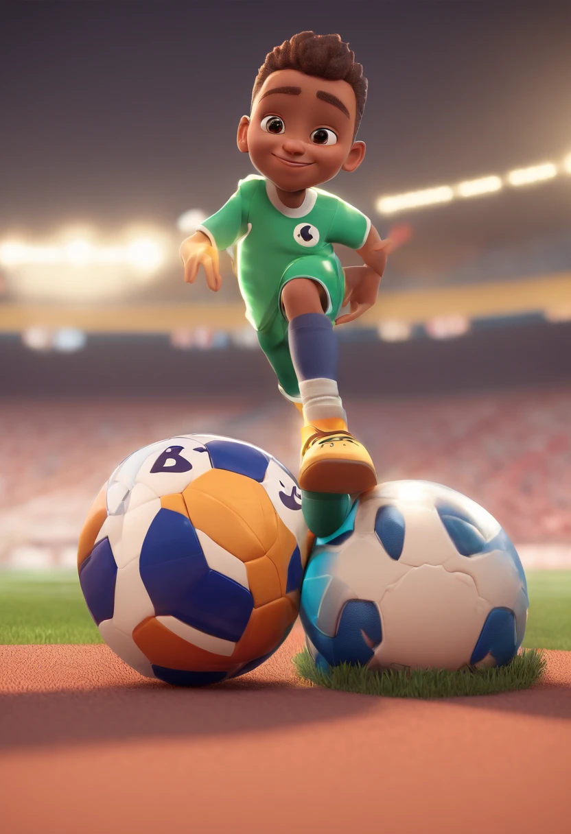 personagem disney pixar com as seguintes caracteristicas: menino de 3 anos, pele clara, cabelos cor castanhos-escuro cacheados em black power grande com cachos longos. Ele tem o rosto pequeno com olhos grandes, nariz largo e boca grande. He's standing on a soccer field stepping on top of a soccer ball.