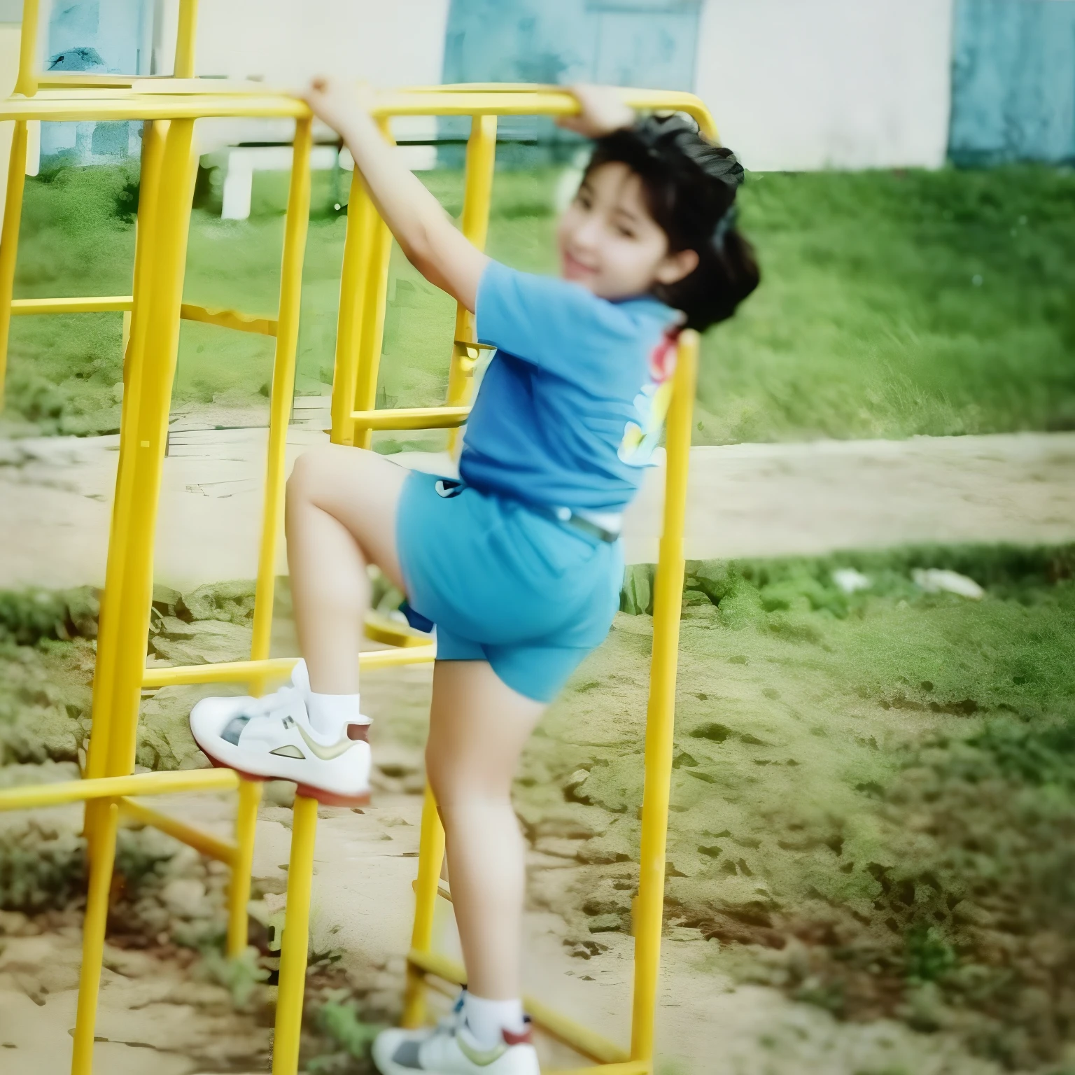 There's a young woman walking up a yellow metal ladder, imagem antiga, taken on a 2000s camera, childhood memory, imagem de qualidade muito baixa, childhood friend, em um parque, quatro anos, in an action pose, foto de baixa qualidade, no parque, taken on a 1990s camera, tomada em 1 9 9 7