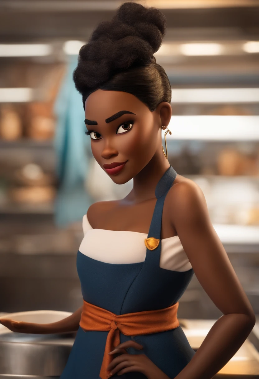 Uma mulher negra ,com cabelos cacheados com mechas loiras , com olhos castanhos explesivos, com um avental de chef estilo disney pixar, alta qualidade, melhor qualidade
