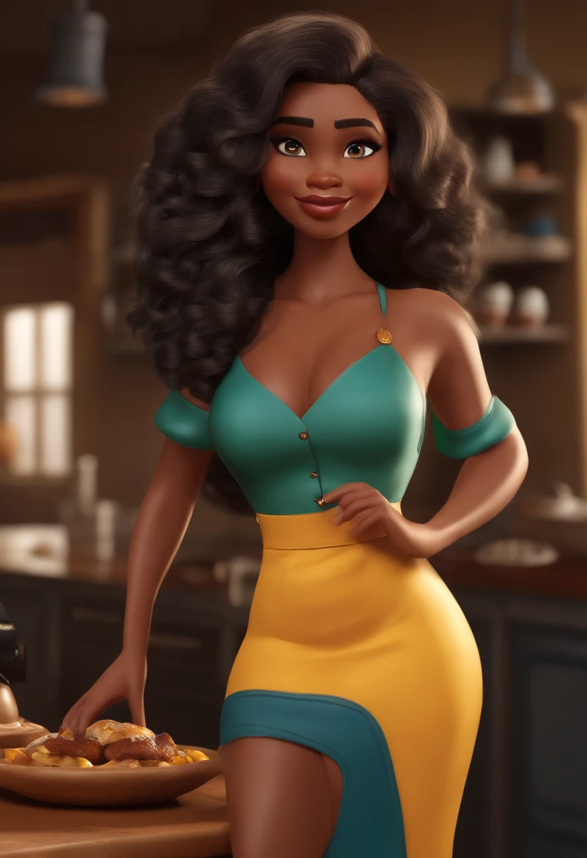 Uma mulher negra ,com cabelos cacheados com mechas loiras , com olhos castanhos explesivos, com um avental de chef estilo disney pixar, alta qualidade, melhor qualidade