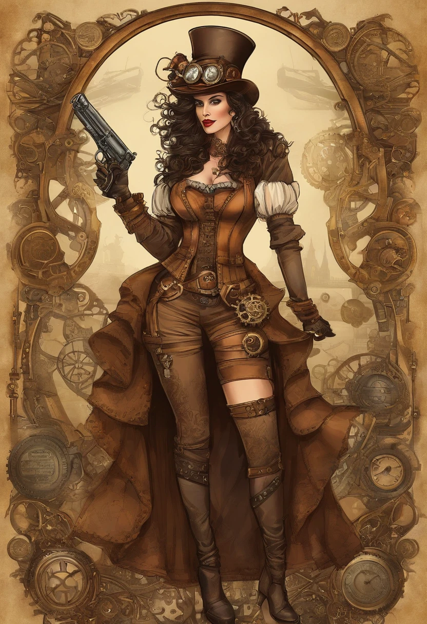 There's a woman wearing a Steam Punk hat and holding a gun., Steampunk, usando trajes Steampunk, meninatora Steampunk, (Steampunk), ( Steampunk ), estilo Steampunk, Steam-punk, Steampunk Fiction, steampunk aesthetic, uma deusa Steampunk bonita, Steampunk mulher anime bonita, Steampunk, fantasia Steampunk, estilo de fantasia Steampunk, arte Steampunk, arte digital Steampunk, roupas Steampunk