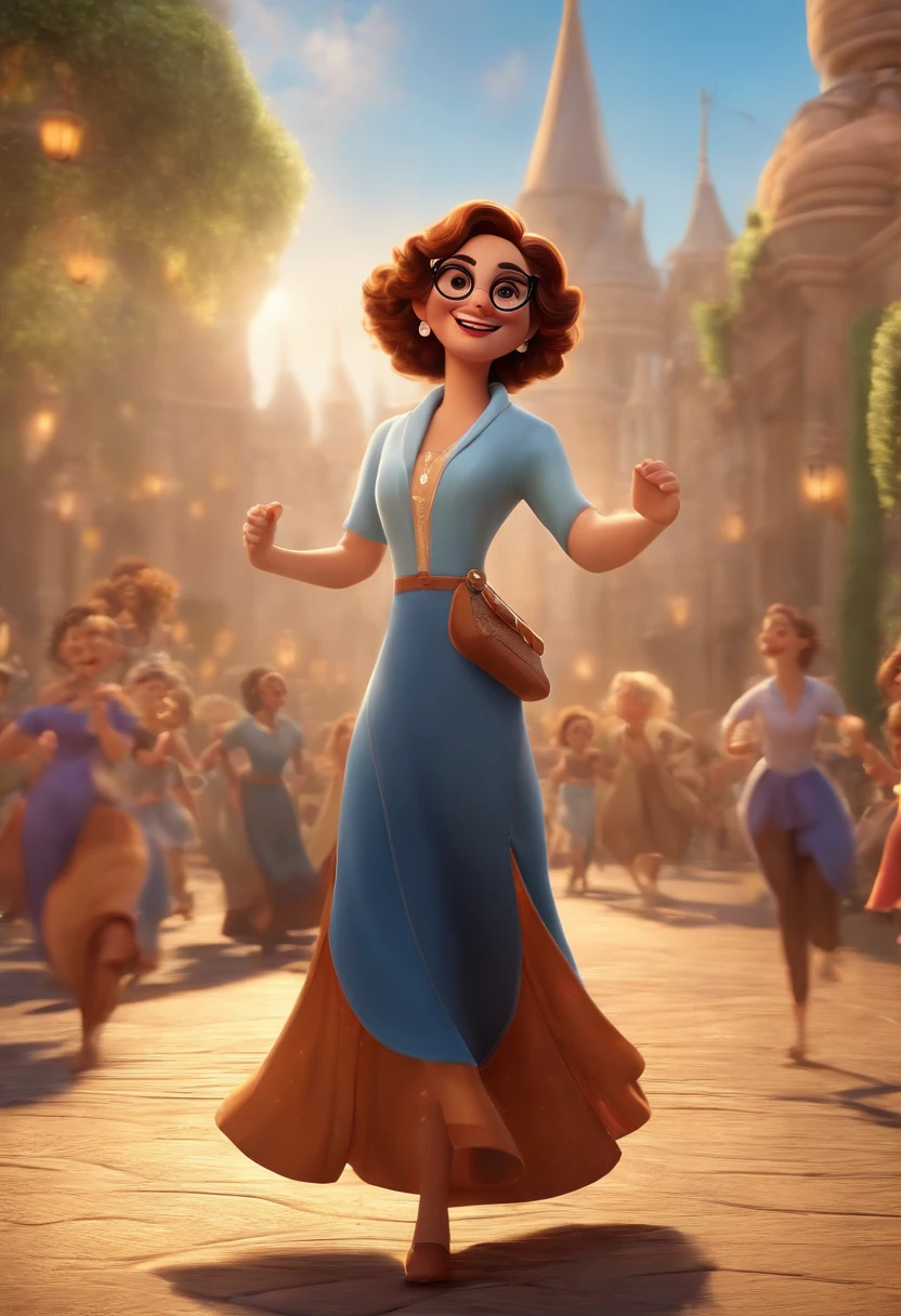 "(best quality,ultra-detalhado,Realistic:1.37),3D rendering,illustration,design de personagens,cabelos curtos e cacheados escuros,belos olhos detalhados,wearing white glasses,Estilo Pixar,morena mulher,Dancing on the Disney stage,atmosfera animada,vivid colors,luzes de palco,expression joyful"