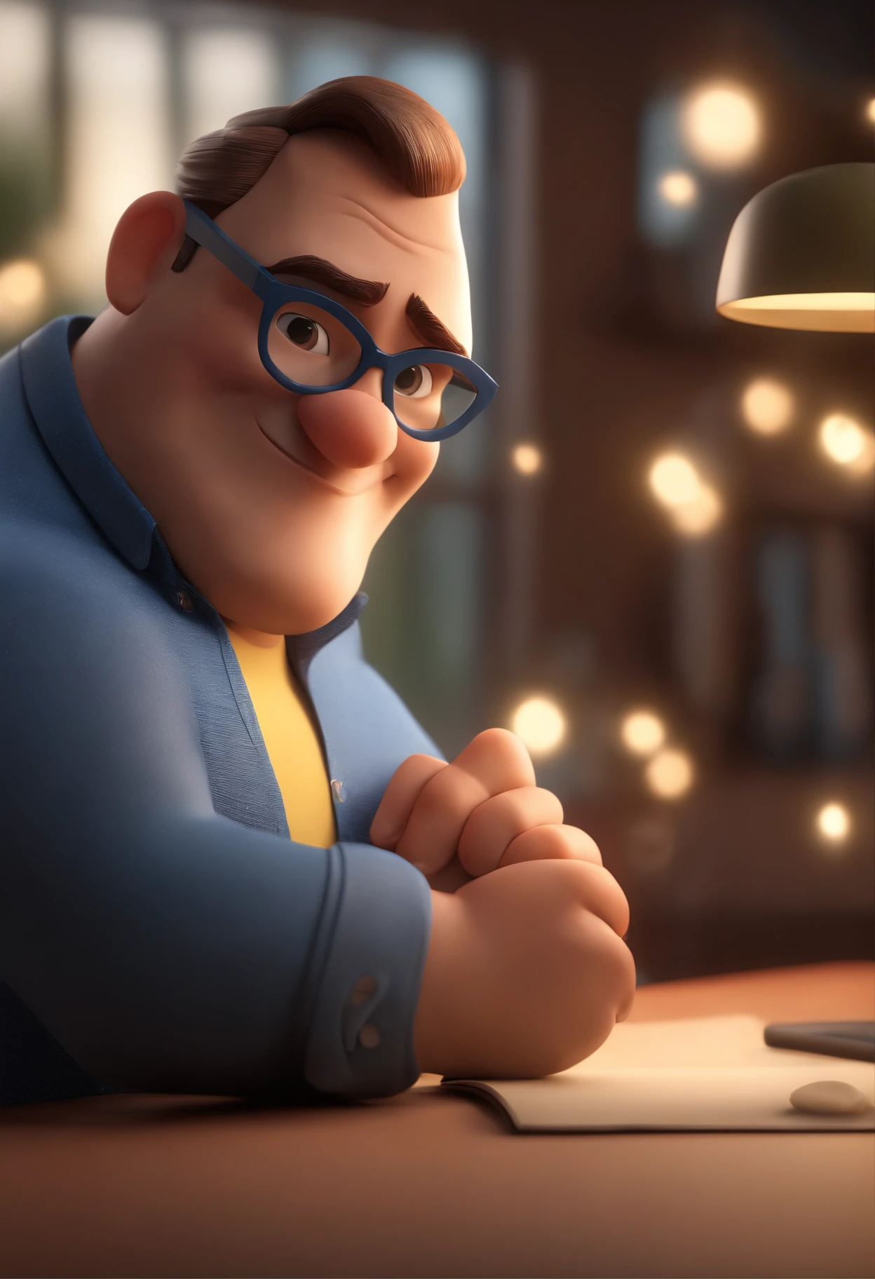 Cartoon character of a man wearing black glasses and a blue shirt, um personagem animado, Caractere estilizado, animation style rendering, 3D estilizado, Arnold Maya render, 3 d render stylized, toon render keyshot, Personagem 3D, Personagem 3D, 3d rendering stylized, 3 d character render, personagem de desenho animado, Personagem de close up, Pose de personagem, (Estilo Pixar) (master part:1.2) (Bokeh) (best quality) (pele detalhada) (textura detalhada) (8k) (argila) (Cinematic lighting) (foco nítido,Senta e vaza a parte superior do corpo