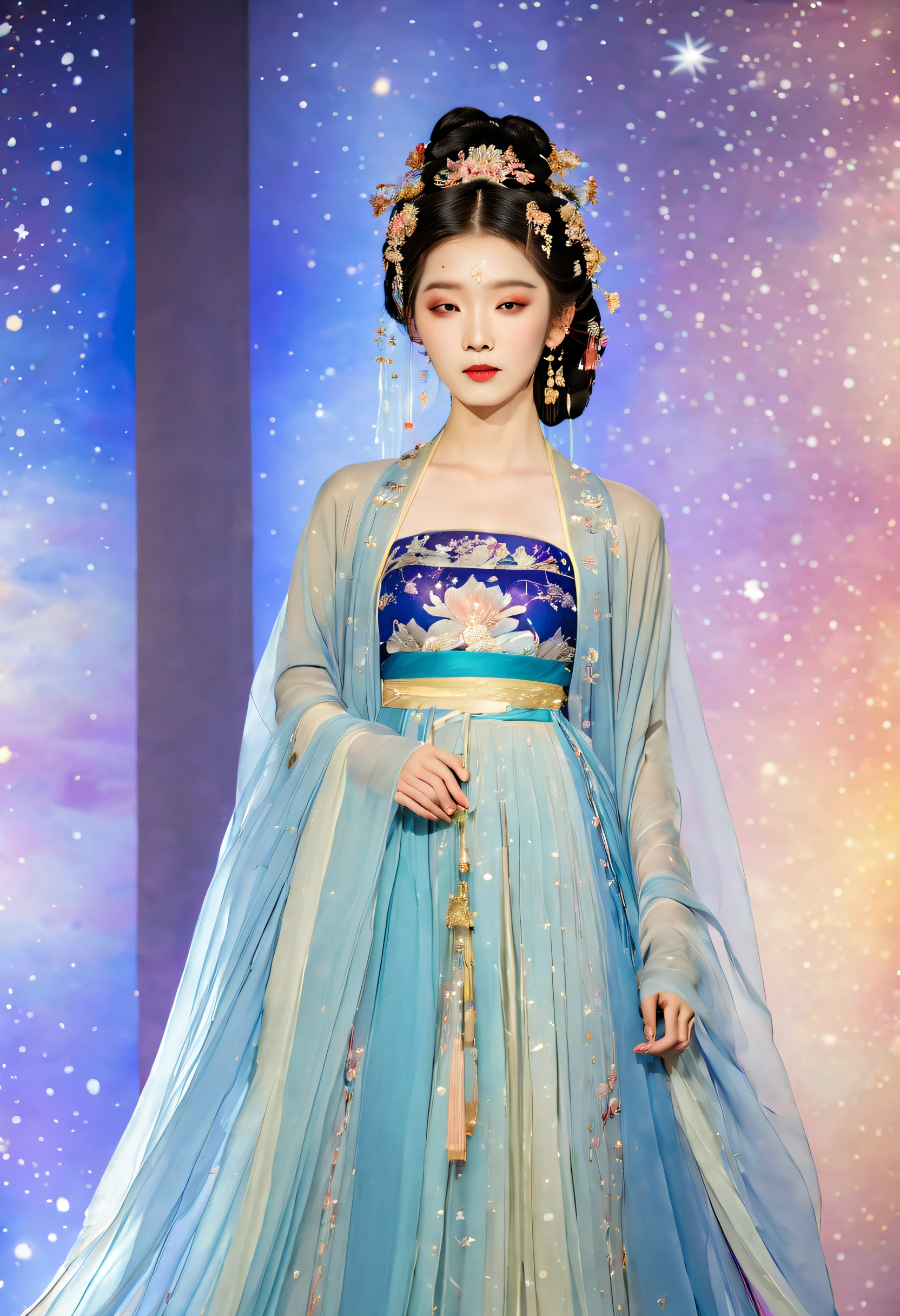 Colorful Galaxy catwalk，A Korean girl shows off her most beautiful hanfu fashion at a haute hanfu fashion show，International Superstar Model Show, Psychedelic stage，Ethereal atmosphere, (Anatomically correct, Delicate facial makeup , Pretty face, A perfectly proportioned face),（Advanced facial details：1.1）A collection of shiny blue luxury hanfu dresses，Gorgeous Hanfu dresses，full-body view，Goddess of Hanfu，真实感，Amazing, Cinematic lighting, Sony FE GM, Wide-angle, first person perspective, 8K, hyper HD, Masterpiece, ccurate, Textured skin, High details, Best quality, Award-Awarded，Long-range shooting，Sense of distance