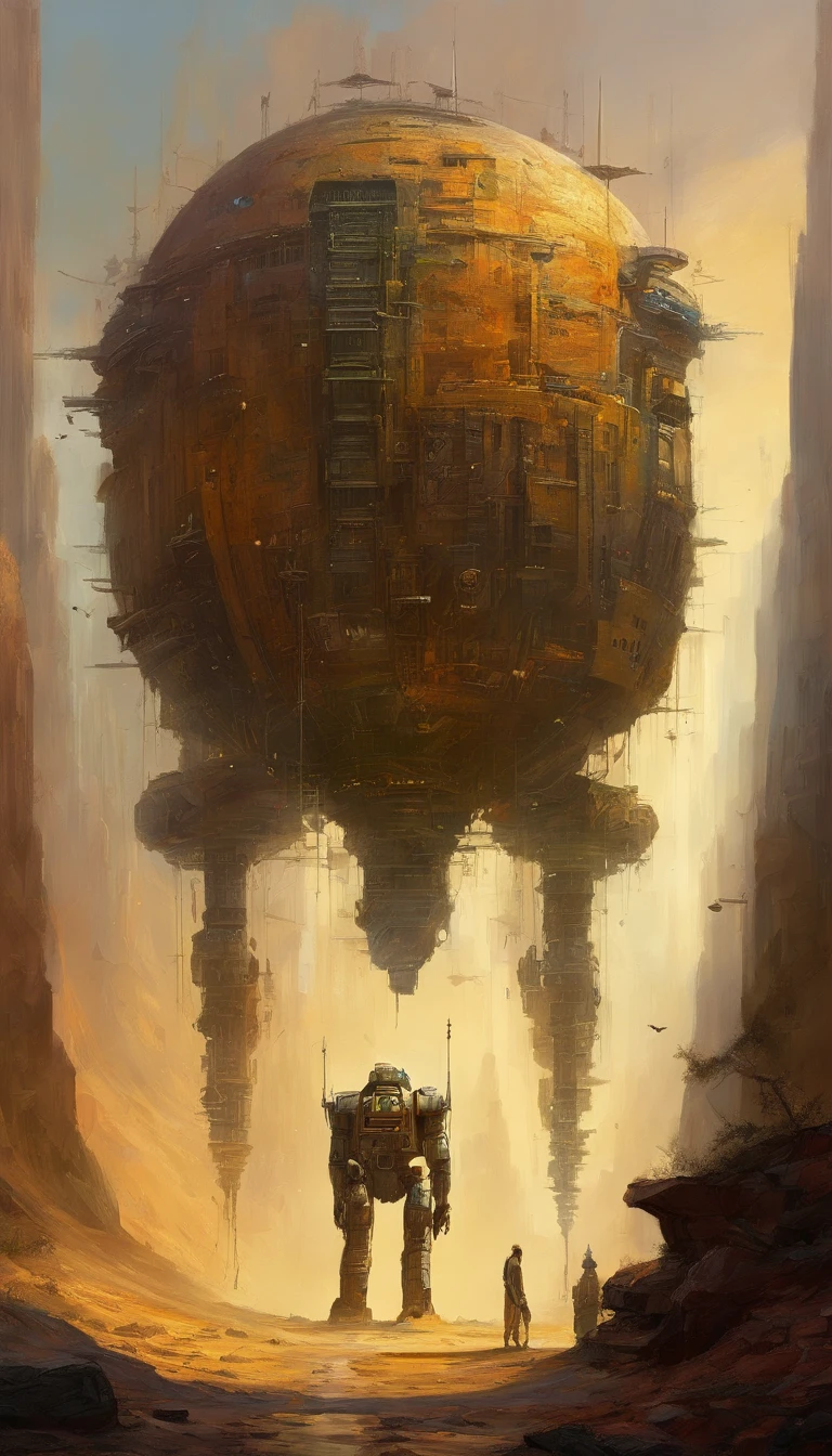 There is a painting of a futuristic city with a giant robot head, Duna de Jodorowsky, pintura fosca insanamente detalhada, Peter Gric e Dan Mumford, intrincada pintura fosca, O filme Duna de Jodorowsky, estilo de John Harris, Jean Giraud 8 K, pintura fosca hiperdetalhada, ambientes intrincados, stunning sci-fi concept art, CGSetnation )