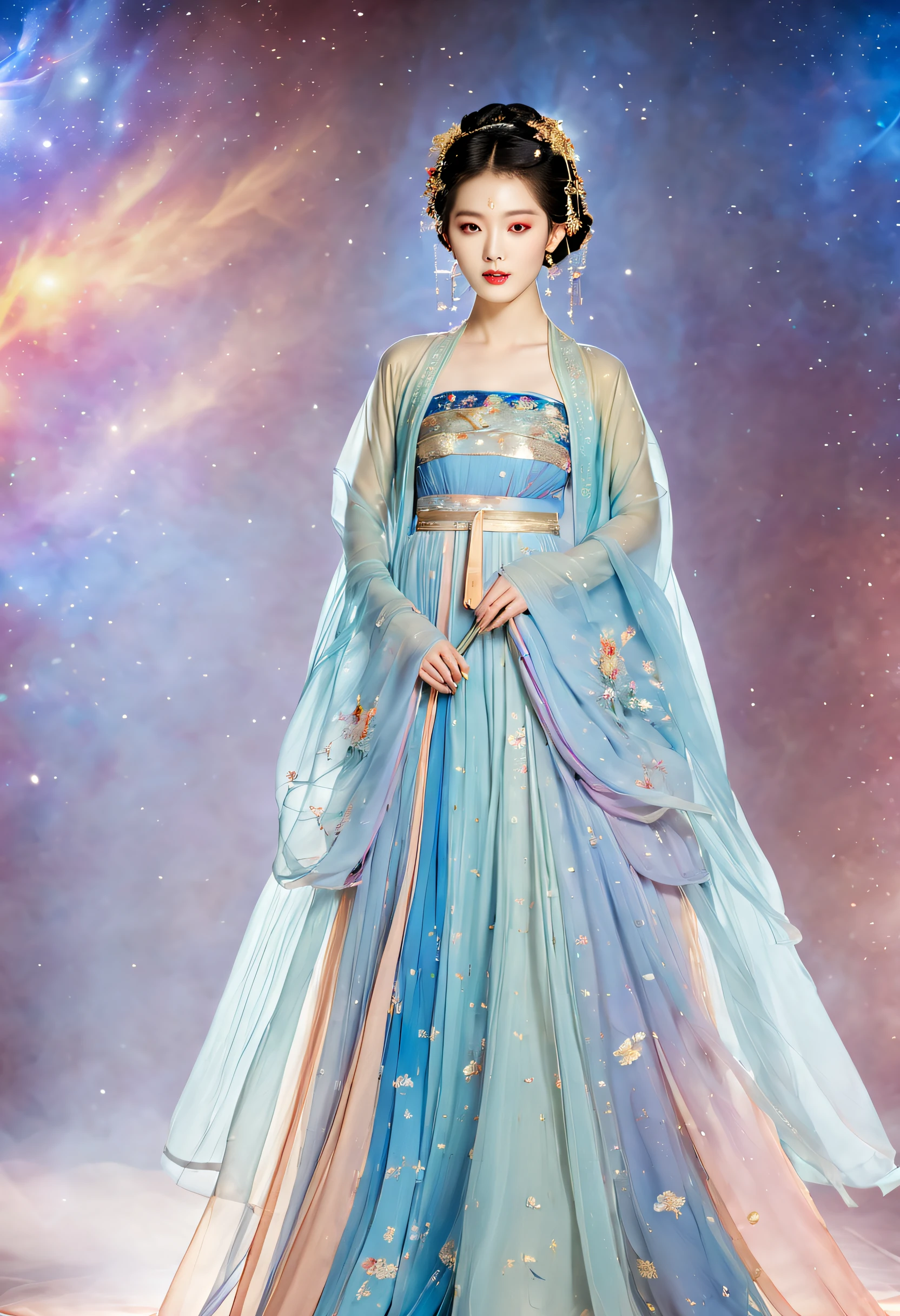 Colorful Galaxy catwalk，A Korean girl shows off her most beautiful hanfu fashion at a haute hanfu fashion show，International Superstar Model Show, Psychedelic stage，Ethereal atmosphere, (Anatomically correct, Delicate facial makeup , Pretty face, A perfectly proportioned face),（Advanced facial details：1.1）A collection of shiny blue luxury hanfu dresses，Gorgeous Hanfu dresses，full-body view，Goddess of Hanfu，真实感，Amazing, Cinematic lighting, Sony FE GM, Wide-angle, first person perspective, 8K, hyper HD, Masterpiece, ccurate, Textured skin, High details, Best quality, Award-Awarded，Long-range shooting，Sense of distance