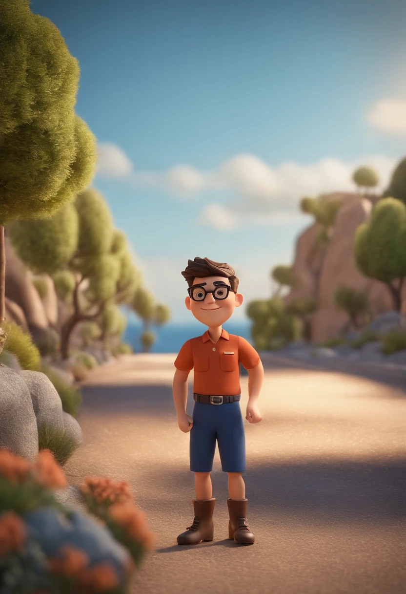 Cartoon character of a man wearing black glasses and a blue shirt, um personagem animado, Caractere estilizado, animation style rendering, 3D estilizado, Arnold Maya render, 3 d render stylized, toon render keyshot, Personagem 3D, Personagem 3D, 3d rendering stylized, 3 d character render, personagem de desenho animado, Personagem de close up, Pose de personagem, (Estilo Pixar) (master part:1.2) (Bokeh) (best quality) (pele detalhada) (textura detalhada) (8k) (argila) (Cinematic lighting) (foco nítido，Senta e vaza a parte superior do corpo