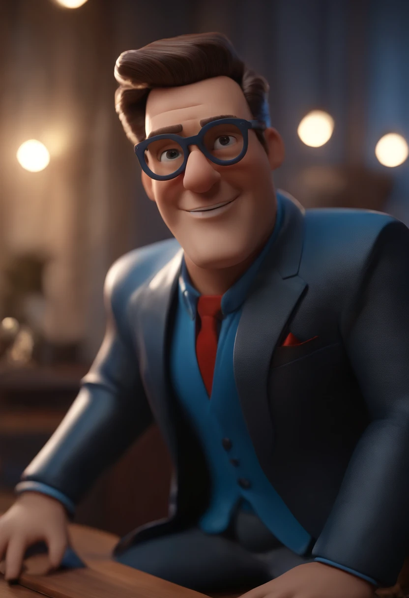 Cartoon character of a man wearing black glasses and a blue shirt, um personagem animado, Caractere estilizado, animation style rendering, 3D estilizado, Arnold Maya render, 3 d render stylized, toon render keyshot, Personagem 3D, Personagem 3D, 3d rendering stylized, 3 d character render, personagem de desenho animado, Personagem de close up, Pose de personagem, (Estilo Pixar) (master part:1.2) (Bokeh) (best quality) (pele detalhada) (textura detalhada) (8k) (argila) (Cinematic lighting) (foco nítido,Senta e vaza a parte superior do corpo