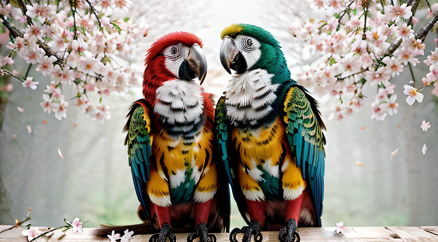 2 Beautiful colorful macaws Near White Cherry Blossoms on green colorful Branches, pretty eyes, so cute, Fantasy creature, 3d, colorful dreamy forest background, photo-realistic depiction, majestic bird, intricate plumage, iridescent feathers, 8K, vivid colors, fine lines, mythical charm, dramatic angle, Realistic Photography, Detail, forest, nature,