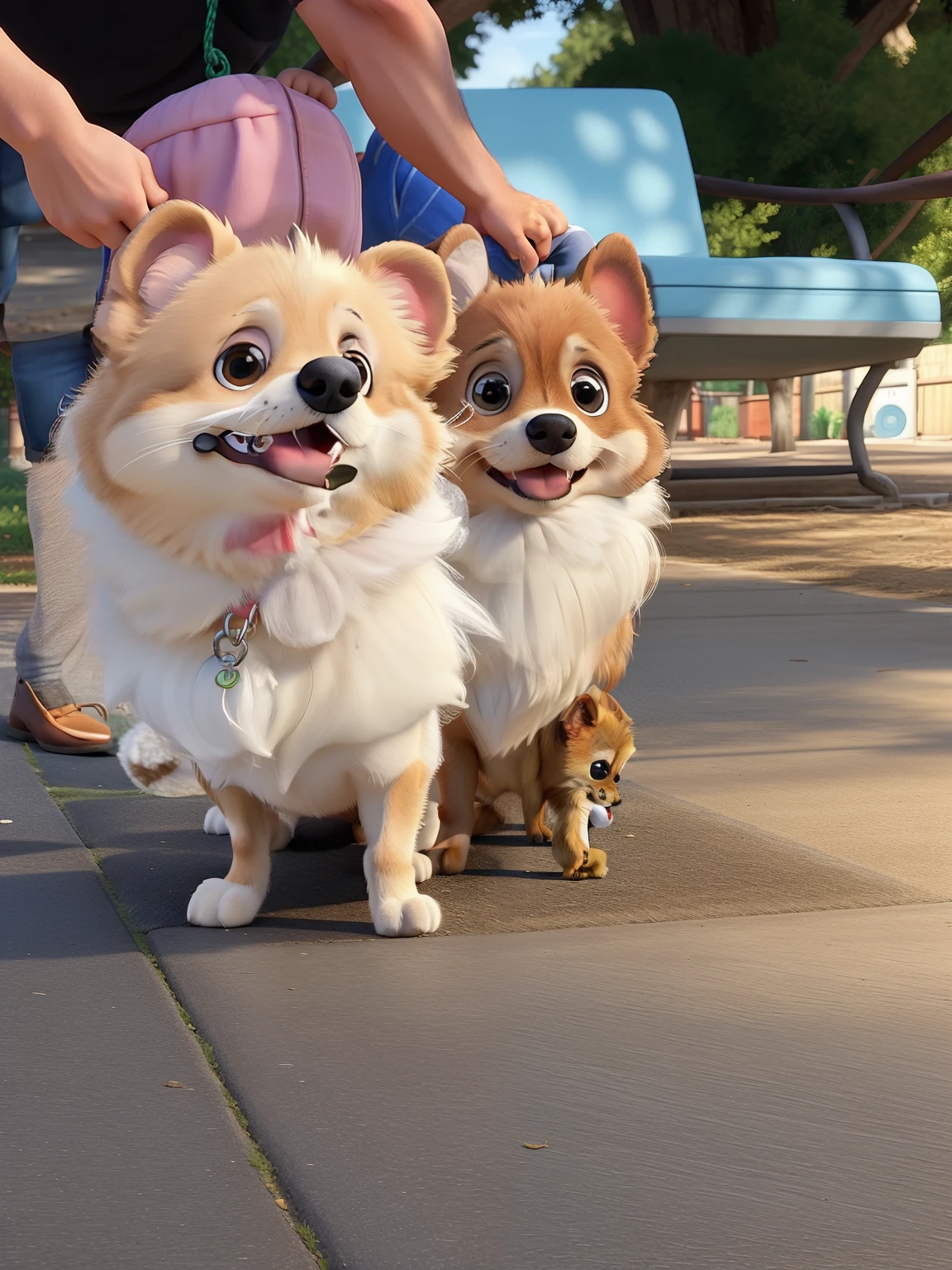 Two small dogs stand on a leash on a sidewalk, Two dogs, Mistura Pomeriana, Pomeranian, Filhotes vermelhos, dois do sexo masculino, masculino, Filhotes, dogs, with dogs, adult pair of twins, rostos bonitos, both smiling for the camera, 2 animais, aw, meninos bonitos, OMG, Capacho!!!