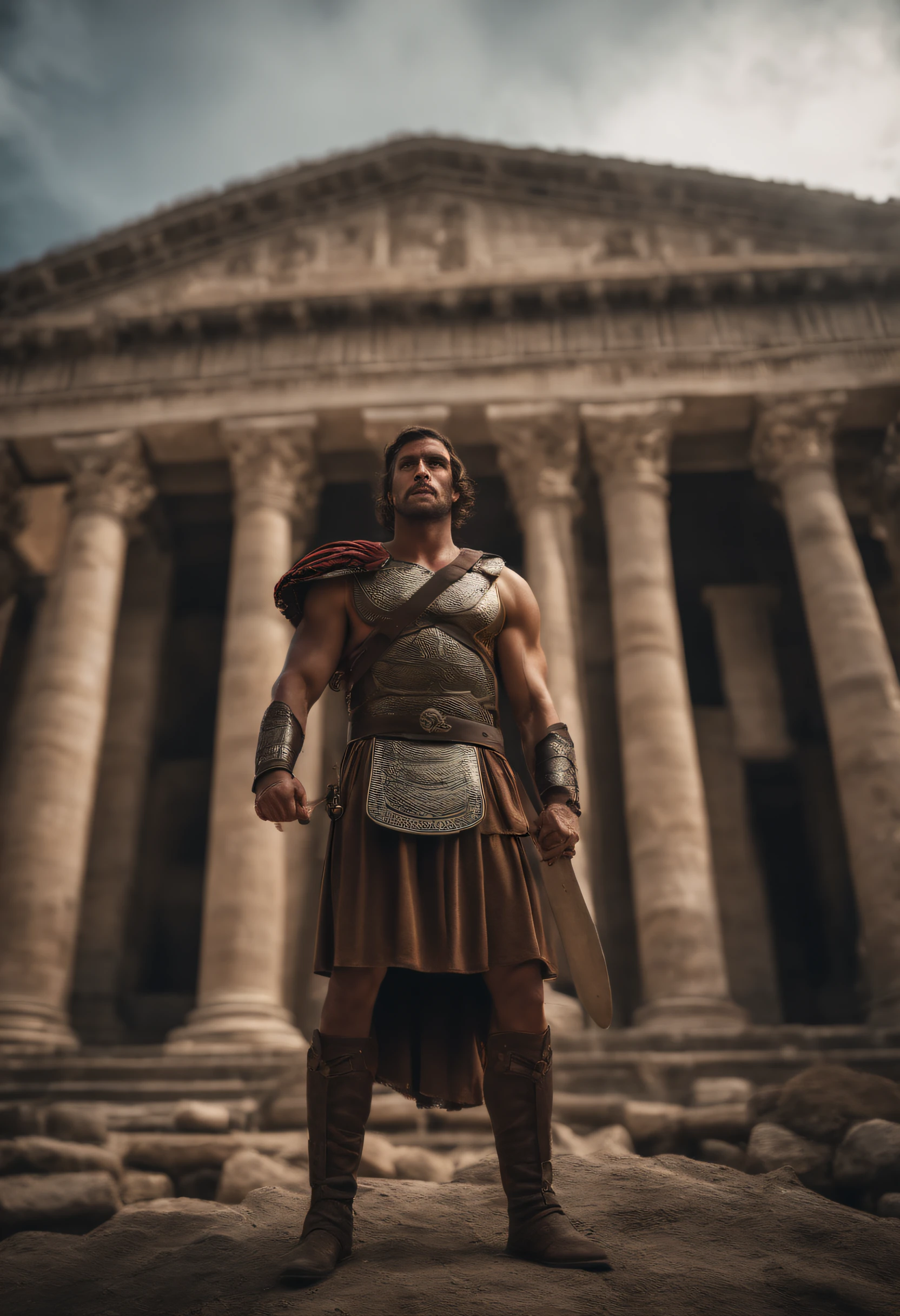 Roman soldier man in soldier's garb is standing in front of a Roman colossus, uma captura de tela inspirada em Alexander Fedosav, Dynamic Action Pose, Reddit, Massurrealismo, muito sexy masculino, em um coliseu, meio tiro de um hunky, gladiador romano, strong masculine features, homens musculosos, musculoso, in an arena pit, macho insanamente bonito, short messy hair, curtido atraente macho de carne com armadura