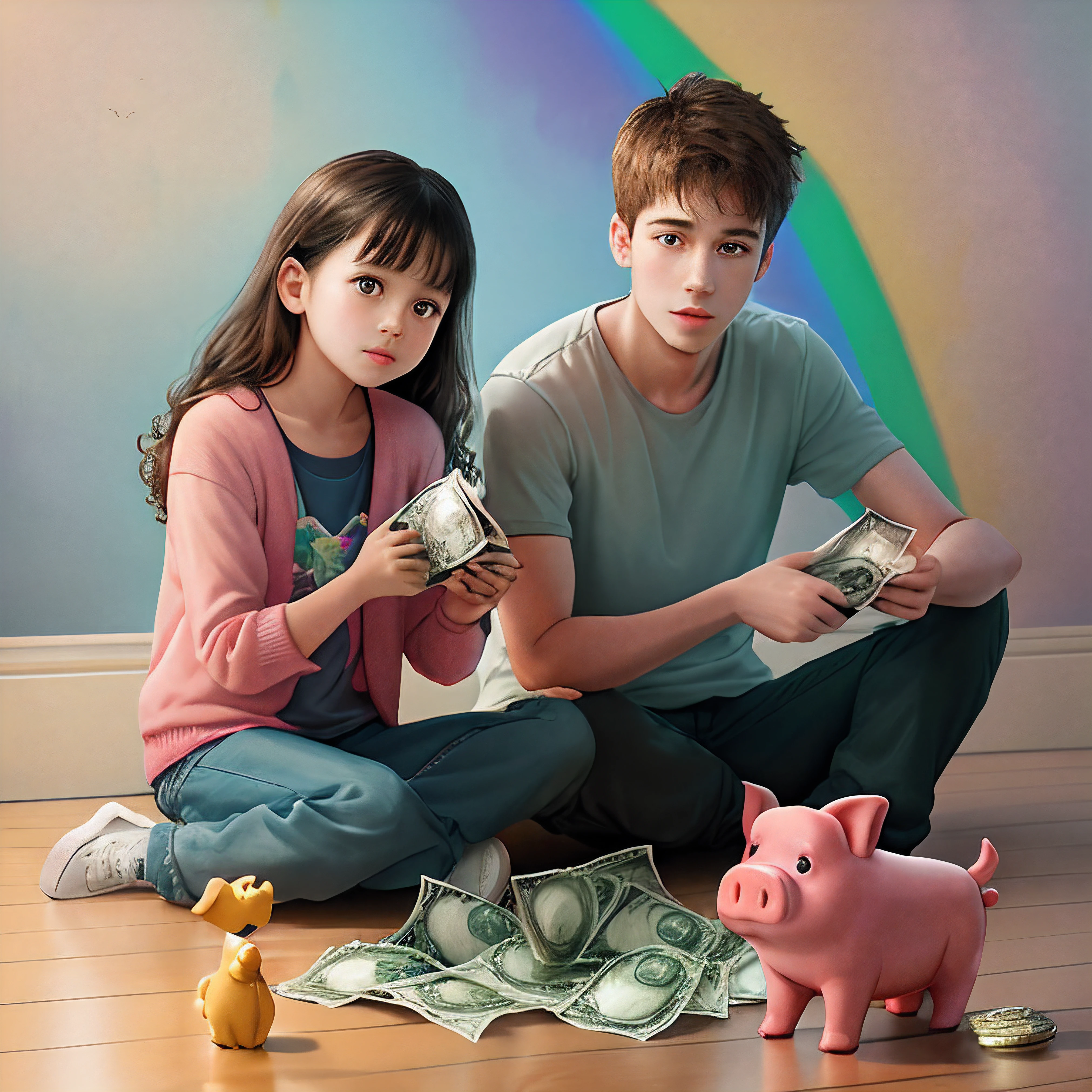 a realistic image, with a rainbow background, with children, holding a piggy bank in their hands, and a chest of money on the floor.