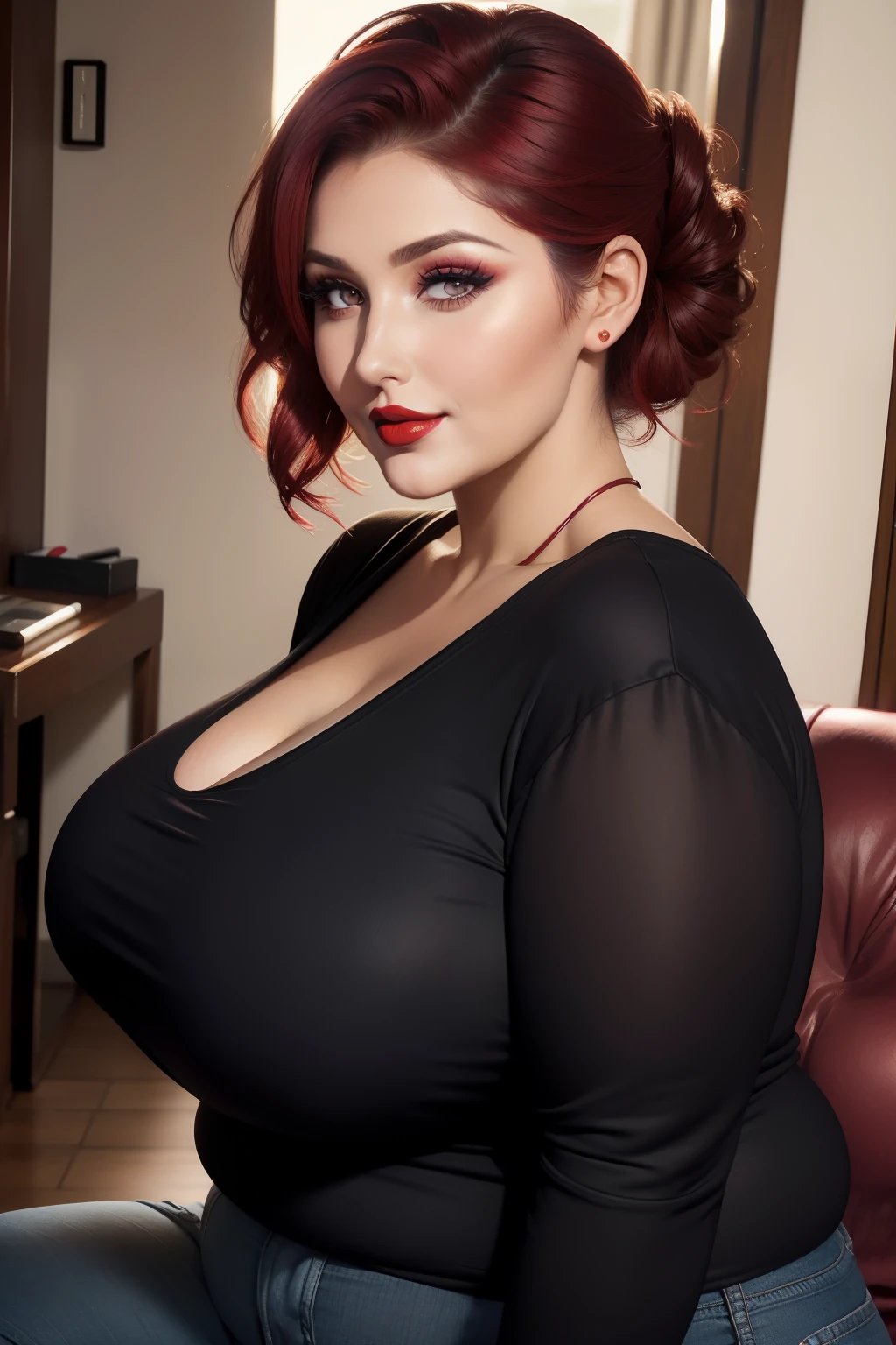 Lucy Pinder, face portrait, ((Very Intense Makeup)), ((red lipstick)), smiling, ((makeup)), ((heavily made up)), short hair, maroon hair, hair tied all in a chignon , Voluptuous Woman, long sleeve t-shirt, black t-shirt, blue jeans, purse, ((very chubby woman)), cleavage, at home