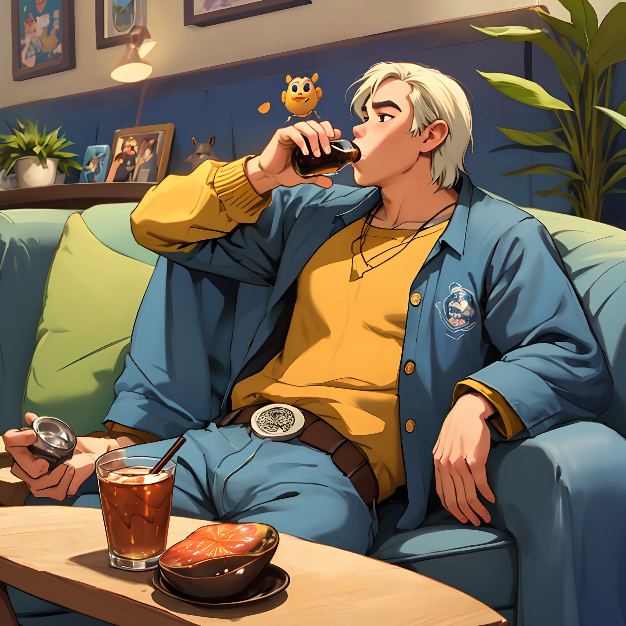 A gaucho drinking mate, Sitting on the couch in Disney Pixar style