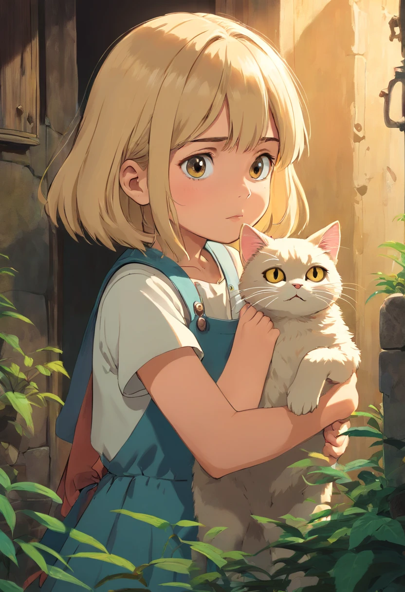 Horror art with a little blondie girl and her pet cat