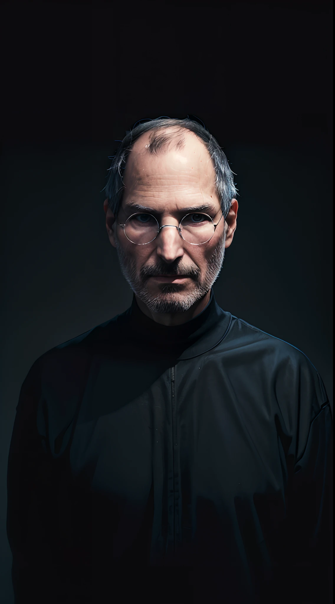 A portrait of A Steve Jobs, eyes fokus on camera, dark tone, dark background