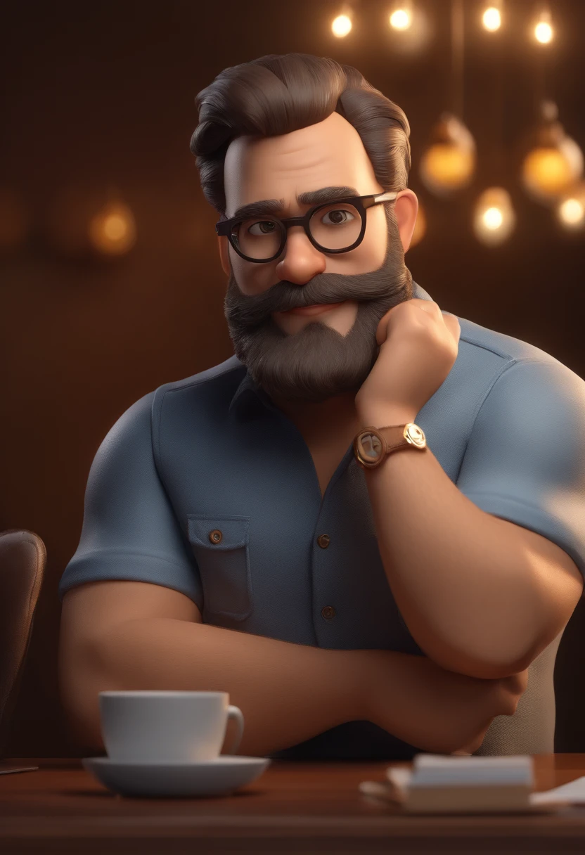 Personagem de desenho animado de um homem careca,With dense blonde beard wearing glasses and a blue shirt, um personagem animado, Caractere estilizado, animation style rendering, 3D estilizado, Arnold Maya render, 3 d render stylized, toon render keyshot, Personagem 3D, Personagem 3D, 3d rendering stylized, 3 d character render, personagem de desenho animado, Personagem de close up, Pose de personagem, (Estilo Pixar) (master part:1.2) (Bokeh) (best quality) (pele detalhada) (textura detalhada) (8k) (argila) (Cinematic lighting) (foco nítido,Senta e vaza a parte superior do corpo