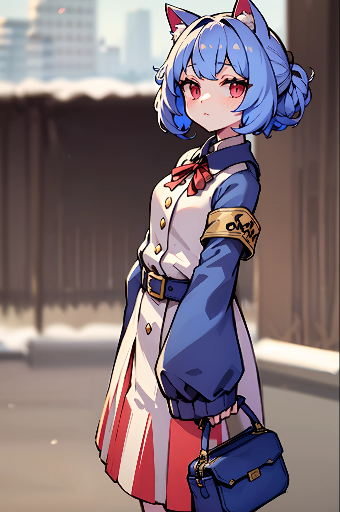 (Masterpiece), (Best quality), (Highly detailed), 1girll, Solo, Red eyes,view the viewer,Outdoors, snowfield，longer sleeves，By bangs，Ccup，tree，Closed mouth，Bare tree，Fur trimming，hair between eye，ribbon，Open your clothes，bag，Winters，black ribbon，nevando，blue  hair，Manteau，shairband，cat ear，The upper part of the body，Bomber Jacket，Lateral hair，Blushlush，Jacket with lapels
