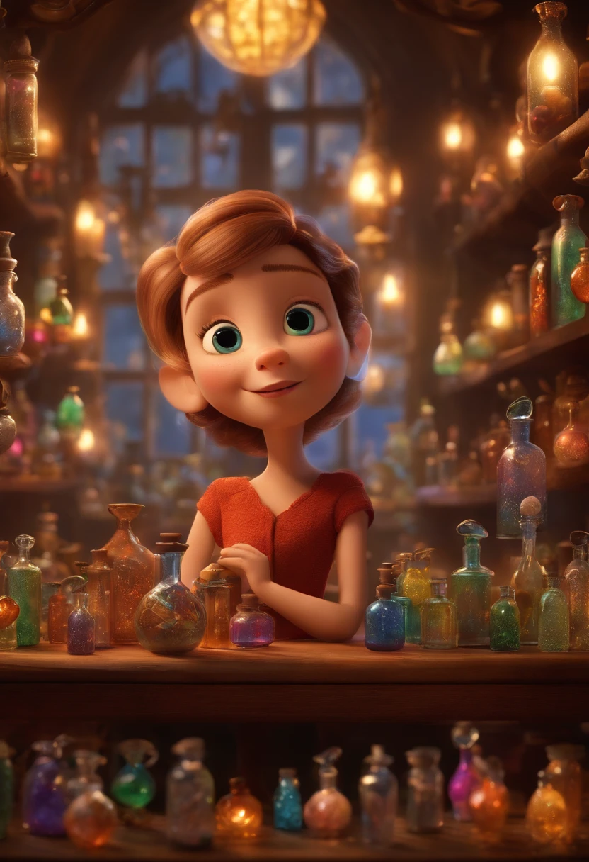 A collector of ideas inspired by Pixar animation, de perto. She is surrounded by a collection of magic vials, each containing a unique idea. The focus is on the character, with a captivating facial expression, Against a backdrop of shimmering, cores efervescentes.