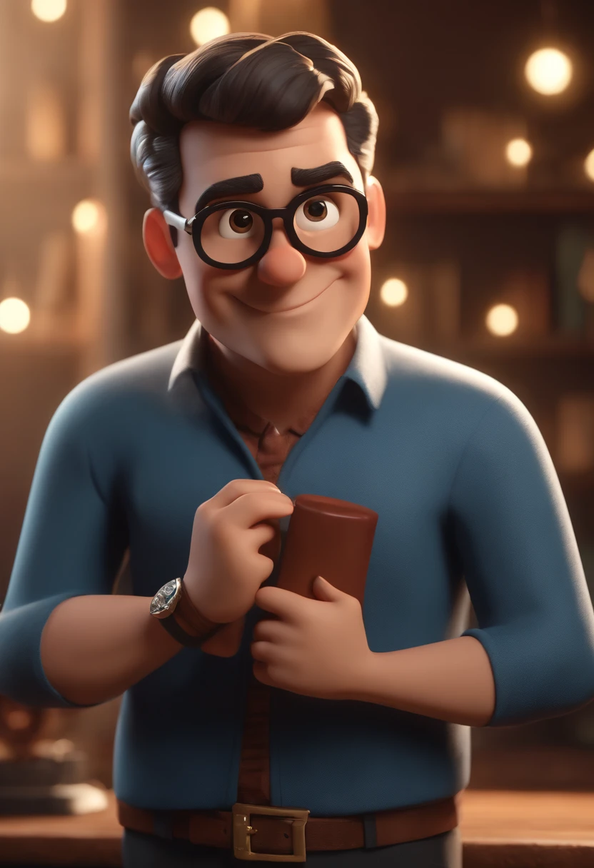 Cartoon character of a 45 year old man with black glasses and a blue shirt, montado em um cavalo marrom, animation character, Caractere estilizado, animation style rendering, 3D estilizado, Arnold Maya render, 3 d render stylized, toon render keyshot, Personagem 3D, Personagem 3D, 3d rendering stylized, 3 d character render, personagem de desenho animado, Personagem de close up, Pose de personagem, (Estilo Pixar) (master part:1.2) (Bokeh) (best quality) (pele detalhada) (textura detalhada) (8k) (argila) (Cinematic lighting) (foco nítido