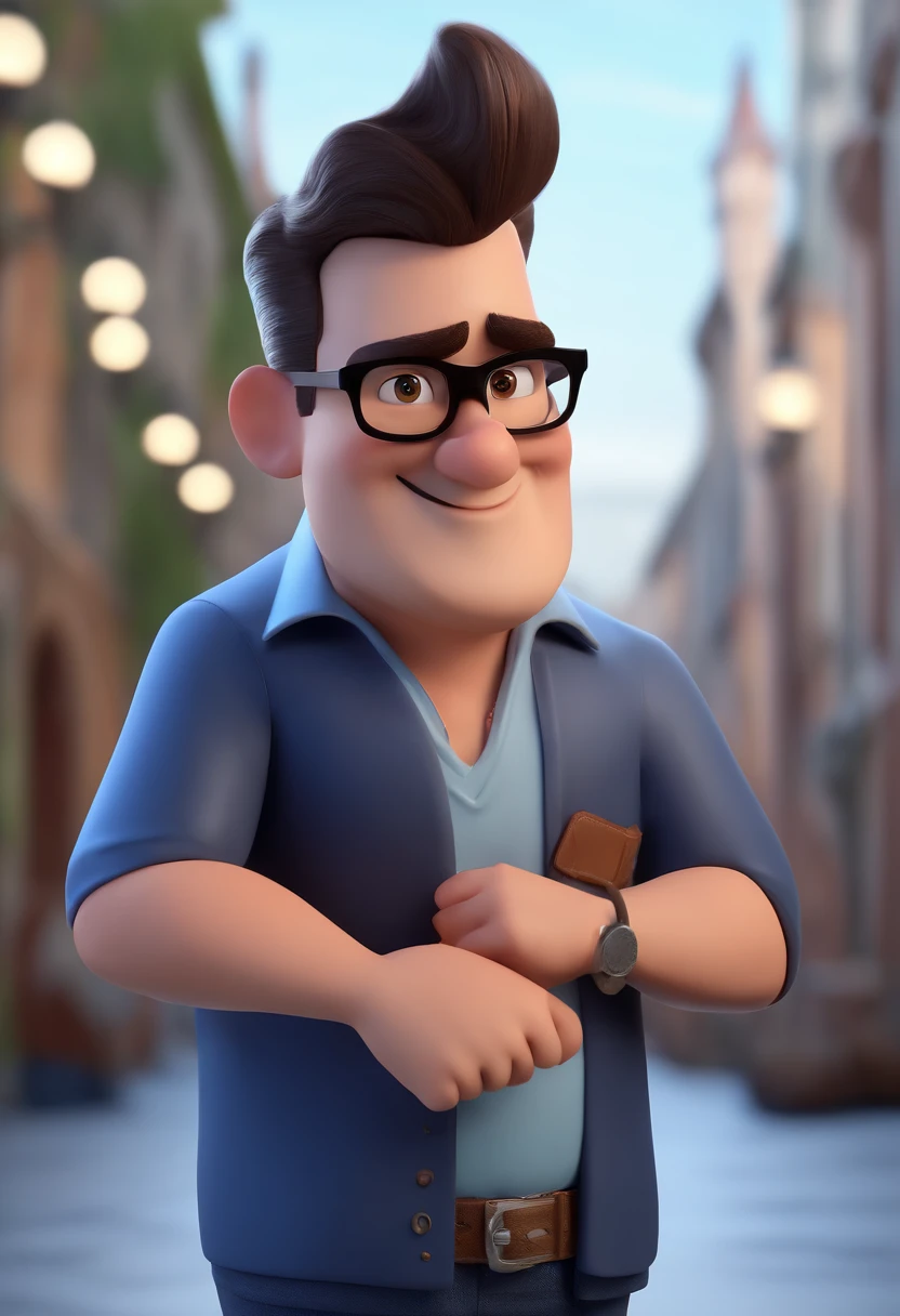 Cartoon character of a man with black glasses and a blue shirt, animation character, Caractere estilizado, animation style rendering, 3D estilizado, Arnold Maya render, 3 d render stylized, toon render keyshot, Personagem 3D, Personagem 3D, 3d rendering stylized, 3 d character render, personagem de desenho animado, Personagem de close up, Pose de personagem, (Estilo Pixar) (master part:1.2) (Bokeh) (best quality) (pele detalhada) (textura detalhada) (8k) (argila) (Cinematic lighting) (foco nítido