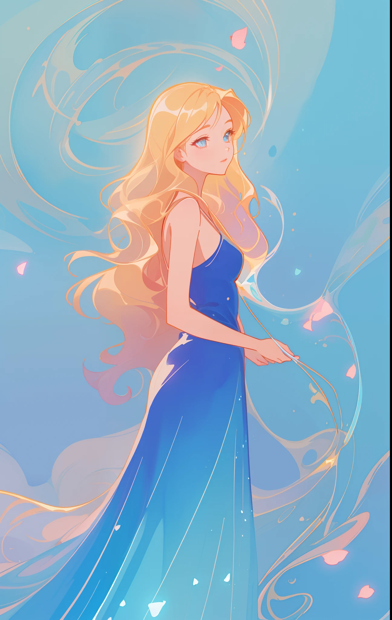 beautiful girl in flowing blue gradient dress, long wavy flowing gold hair, swirling liquid lines background, watercolor illustration, inspired by Glen Keane, inspired by Lois van Baarle, disney art style, by Lois van Baarle, glowing aura around her, by Glen Keane, jen bartel, glowing lights! digital painting, flowing glowing hair, glowing flowing hair, beautiful digital illustration, fantasia otherworldly landscape plants flowers, beautiful, masterpiece, best quality, anime disney style
