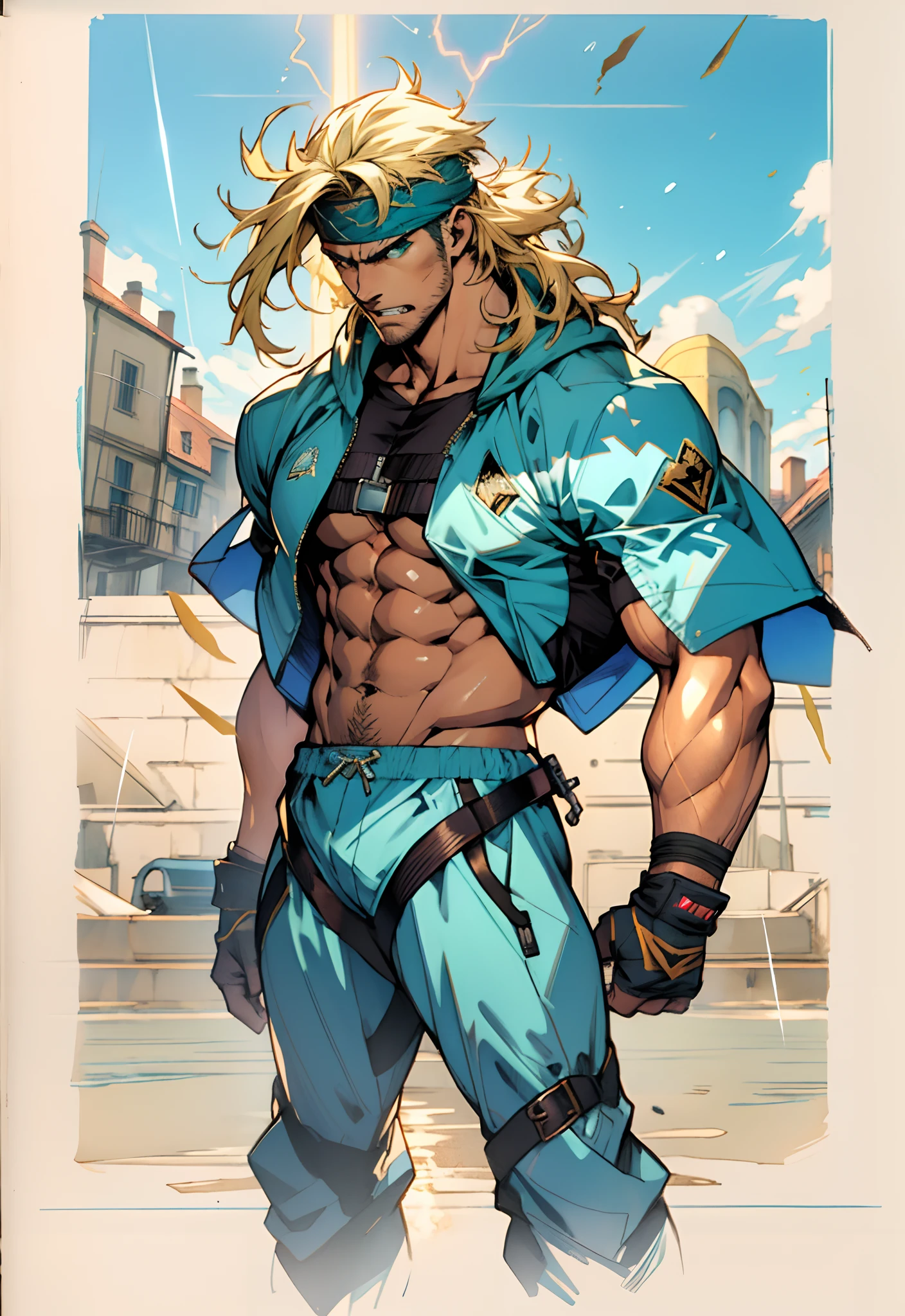 A middle-aged man, dark green long hair, wildly disheveled and exaggerated hairstyle, a headband, no eyebrows, a stern gaze, a well-defined facial structure, a tall and muscular physique, a fantasy-realistic style outfit, only a half-length windbreaker coat, sleeveless, revealing sturdy abdominal muscles, wearing wrist guards adorned with sharp teeth, matching trousers with the outfit, standing like a deity, dark clouds gathering in the sky, flashes of lightning and thunder, wild winds swirling around, this character embodies a finely crafted fantasy-style wild overlord in anime style, characterized by an exquisite and mature manga illustration art style, high definition, best quality, highres, ultra-detailed, ultra-fine painting, extremely delicate, professional, anatomically correct, symmetrical face, extremely detailed eyes and face, high quality eyes, creativity, RAW photo, UHD, 8k, Natural light, cinematic lighting, masterpiece-anatomy-perfect, masterpiece:1.5