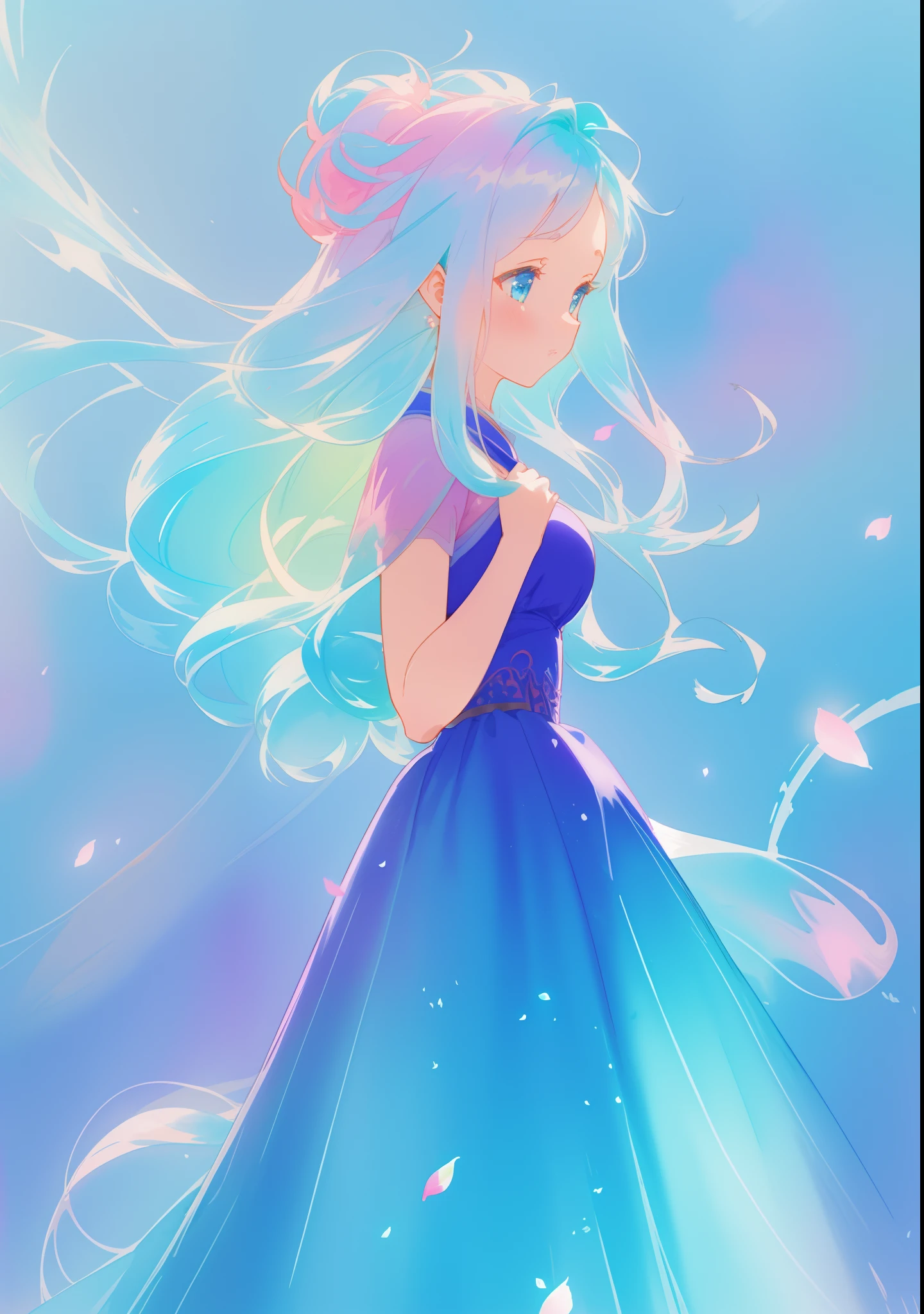 beautiful girl in gradient blue flowing ballgown, colorful pastel color hair, fantasia watercolor background, watercolor illustration, masterpiece, best quality, sharp focus, 8k resolution, high resolution, intricate details, highly detailed, whimsical, magical, fantasia, beautiful face