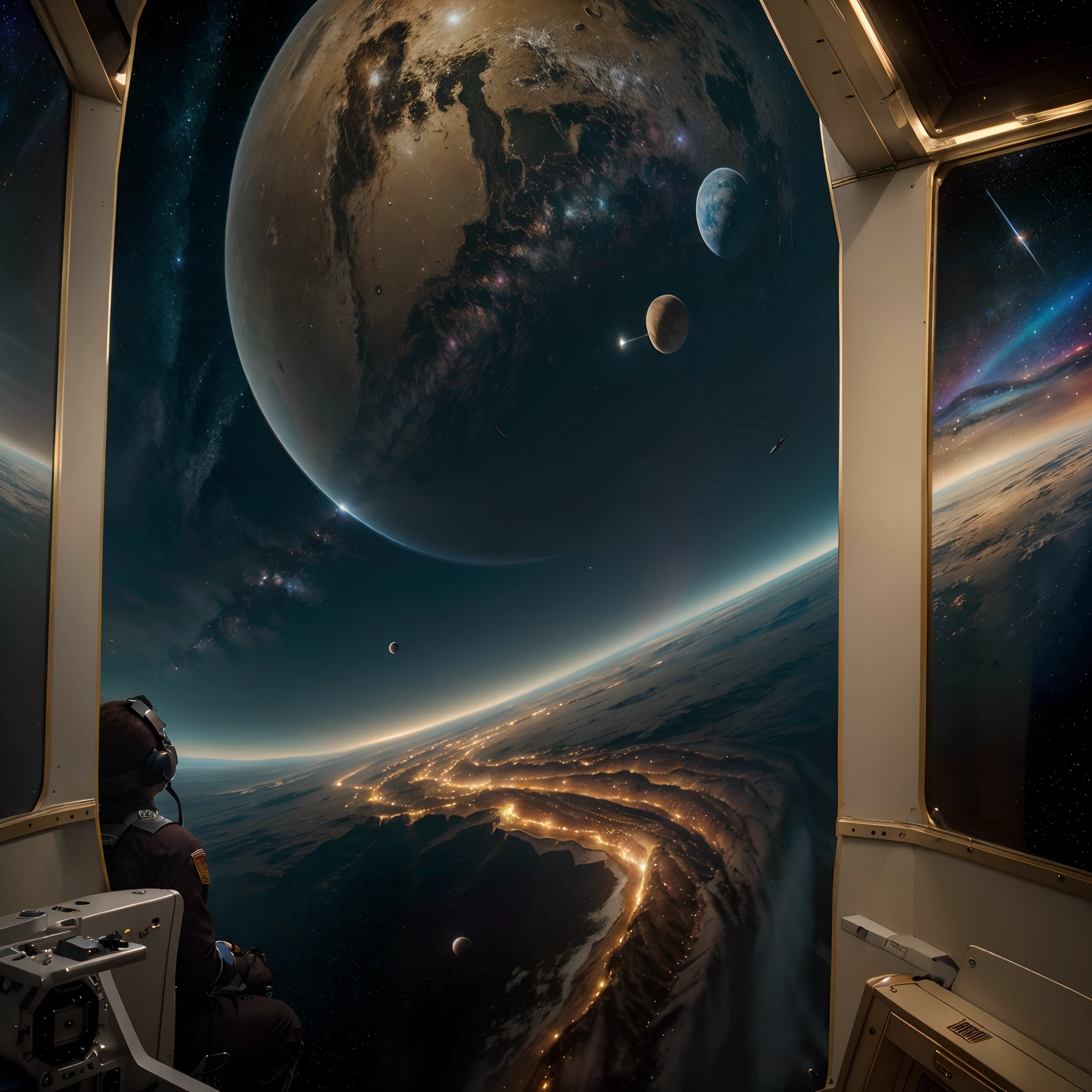 (best quality,Altas,master part:1.2),ultra-detalhado,(Realistic,fotorrealista,photo-realistic:1.37),colorido,Space traveler with multiple planets in high definition image, cores vibrantes, Various warships