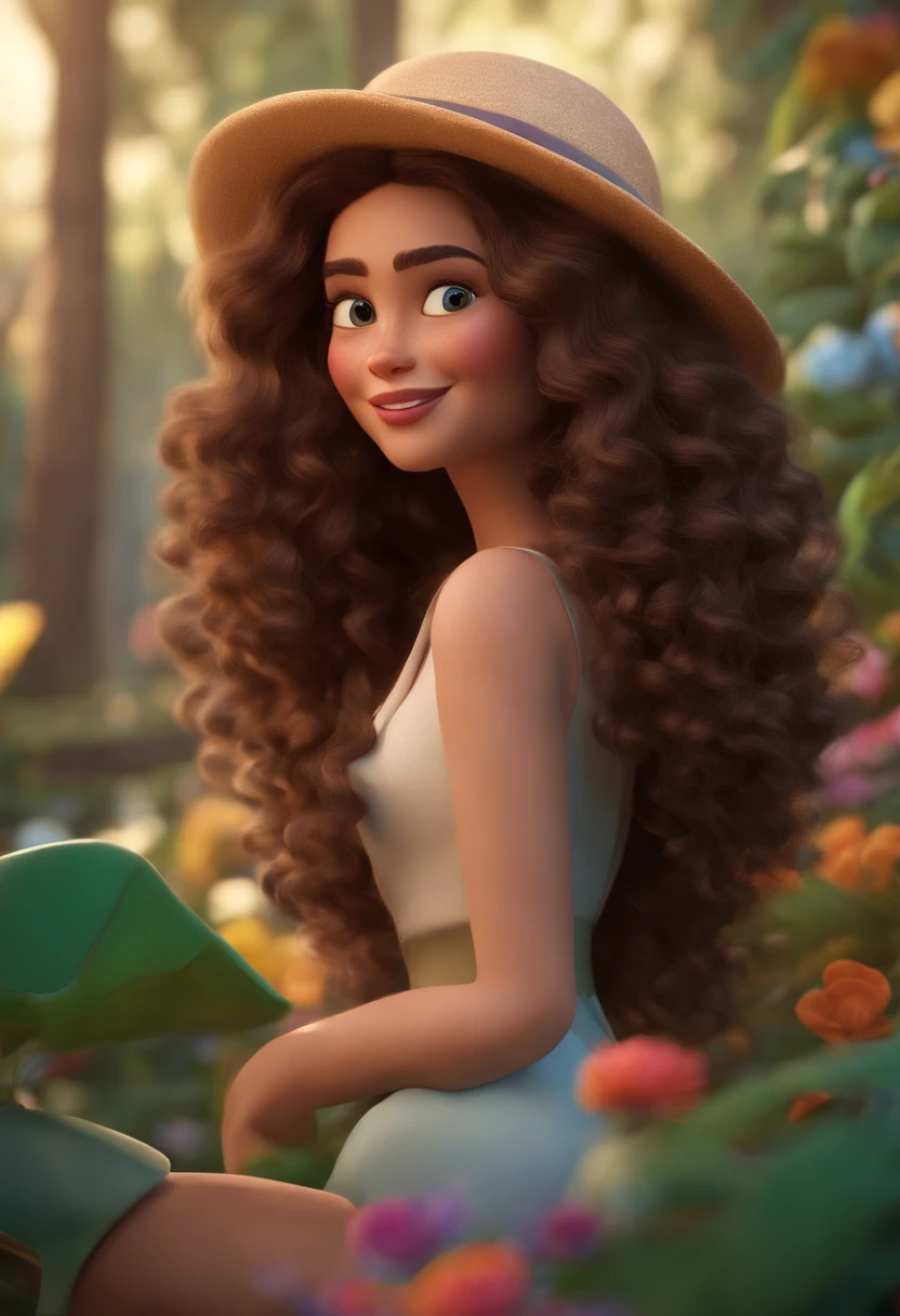 Pixar style image with 3D character white glasses, brunette woman, curly hair, shoulder length, Maquiagem Disney,Pescador, bonitinho, sorridente ,Close-up, Pixar, Disney, Cinema lighting,