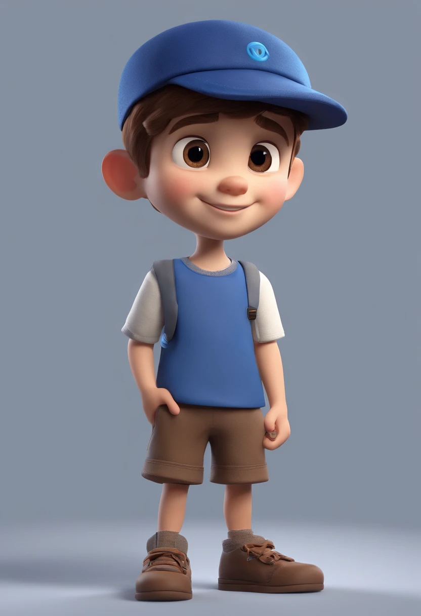 A happy cute boy standing short hair with blue cap , polegares duplos para cima, vestindo uma camisa azul , , fundo branco, barnet, Tom, Estilo Pixar, ....3d, desenhos animados, rosto detalhado, asymmetrical 16k