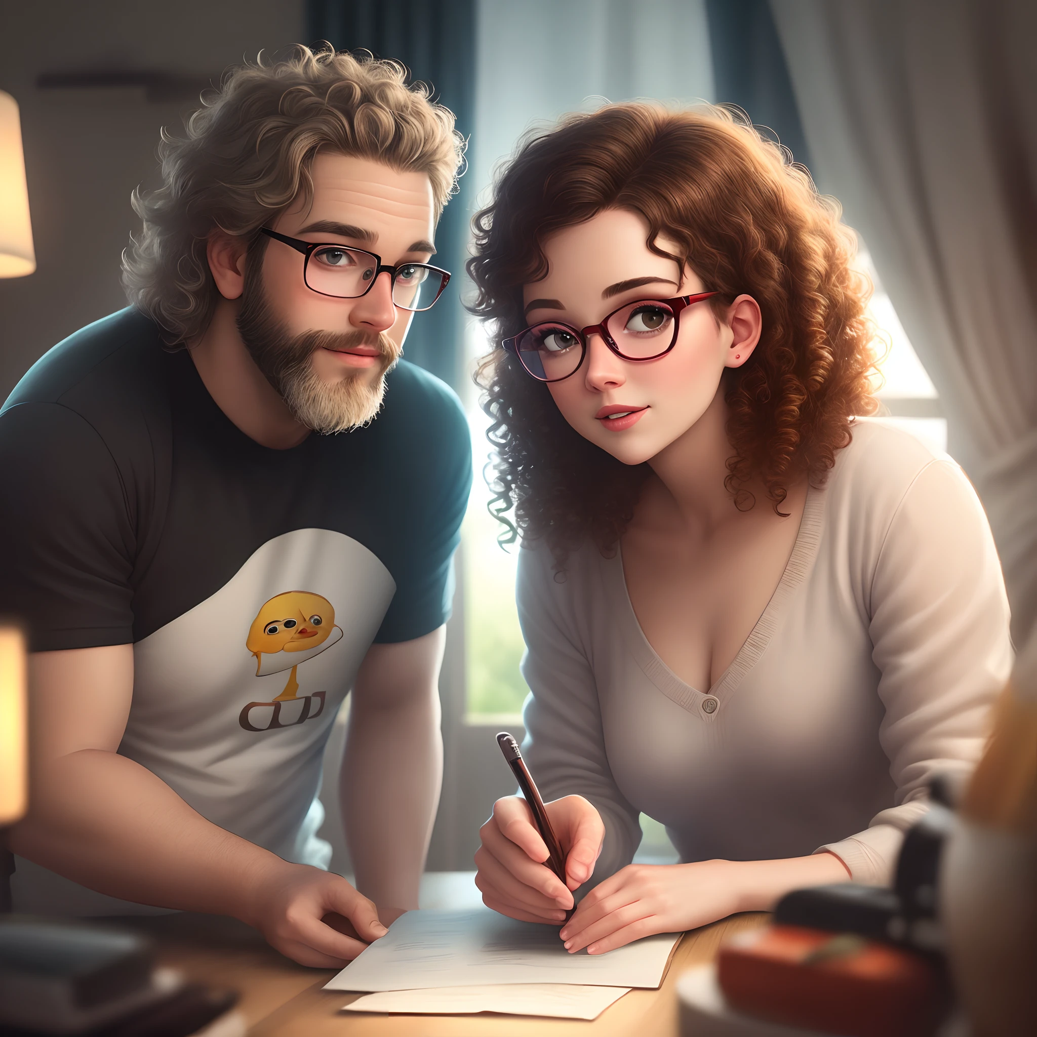 Create a pixar-style image with a couple, he bald with a beard and round glasses, and she with light curly hair and glasses and light eyes