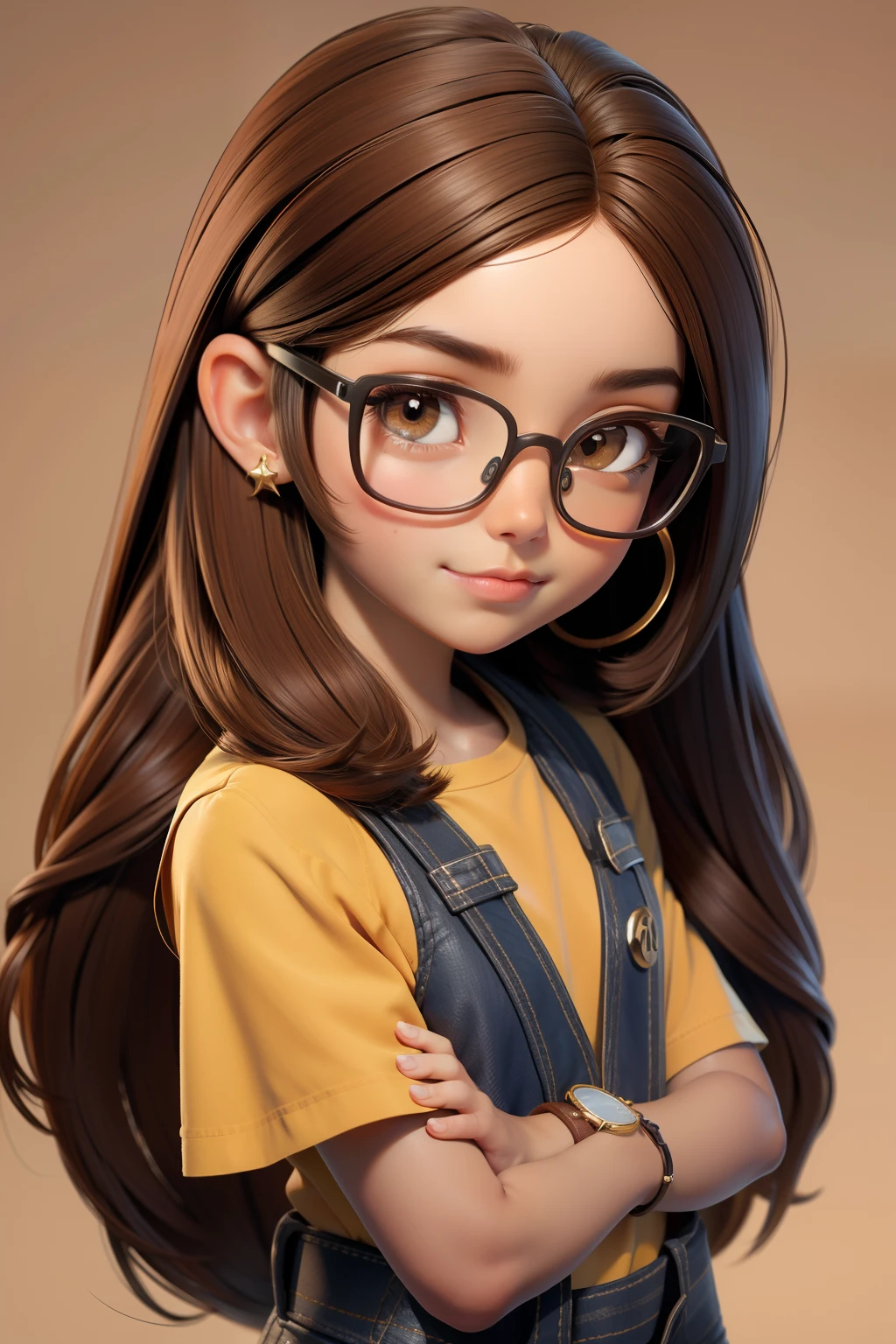 master part, best quality, 1st grade, olhos castanhos , pele morena, brown hair, cabelos ondulados, longos hair, Brincos, jewelries, , Camisa comprida, fundo simples, many children , parte superior do corpo, Oculos de grau em formato leve de gatinhos, iPhone rings and watch