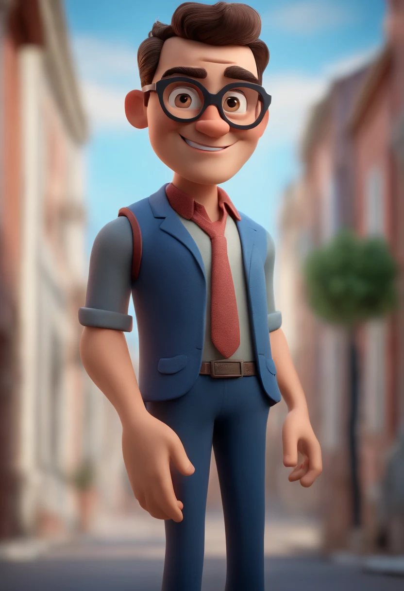 Cartoon character of a man wearing black glasses and a blue shirt, um personagem animado, Caractere estilizado, animation style rendering, 3D estilizado, Arnold Maya render, 3 d render stylized, toon render keyshot, Personagem 3D, Personagem 3D, 3d rendering stylized, 3 d character render, personagem de desenho animado, Personagem de close up, Pose de personagem, (Estilo Pixar) (master part:1.2) (Bokeh) (best quality) (pele detalhada) (textura detalhada) (8k) (argila) (Cinematic lighting) (foco nítido,Senta e vaza a parte superior do corpo