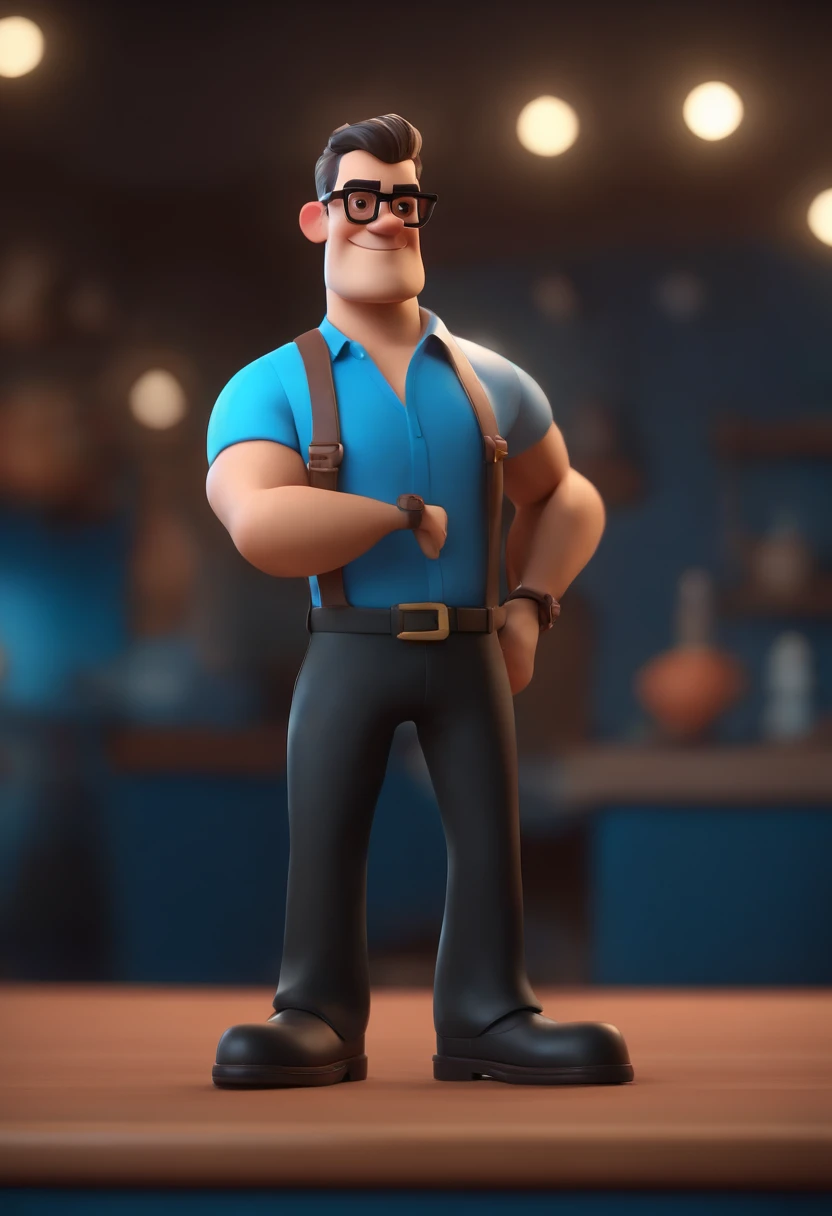 Cartoon character of a man wearing black glasses and a blue shirt, um personagem animado, Caractere estilizado, animation style rendering, 3D estilizado, Arnold Maya render, 3 d render stylized, toon render keyshot, Personagem 3D, Personagem 3D, 3d rendering stylized, 3 d character render, personagem de desenho animado, Personagem de close up, Pose de personagem, (Estilo Pixar) (master part:1.2) (Bokeh) (best quality) (pele detalhada) (textura detalhada) (8k) (argila) (Cinematic lighting) (foco nítido,Senta e vaza a parte superior do corpo