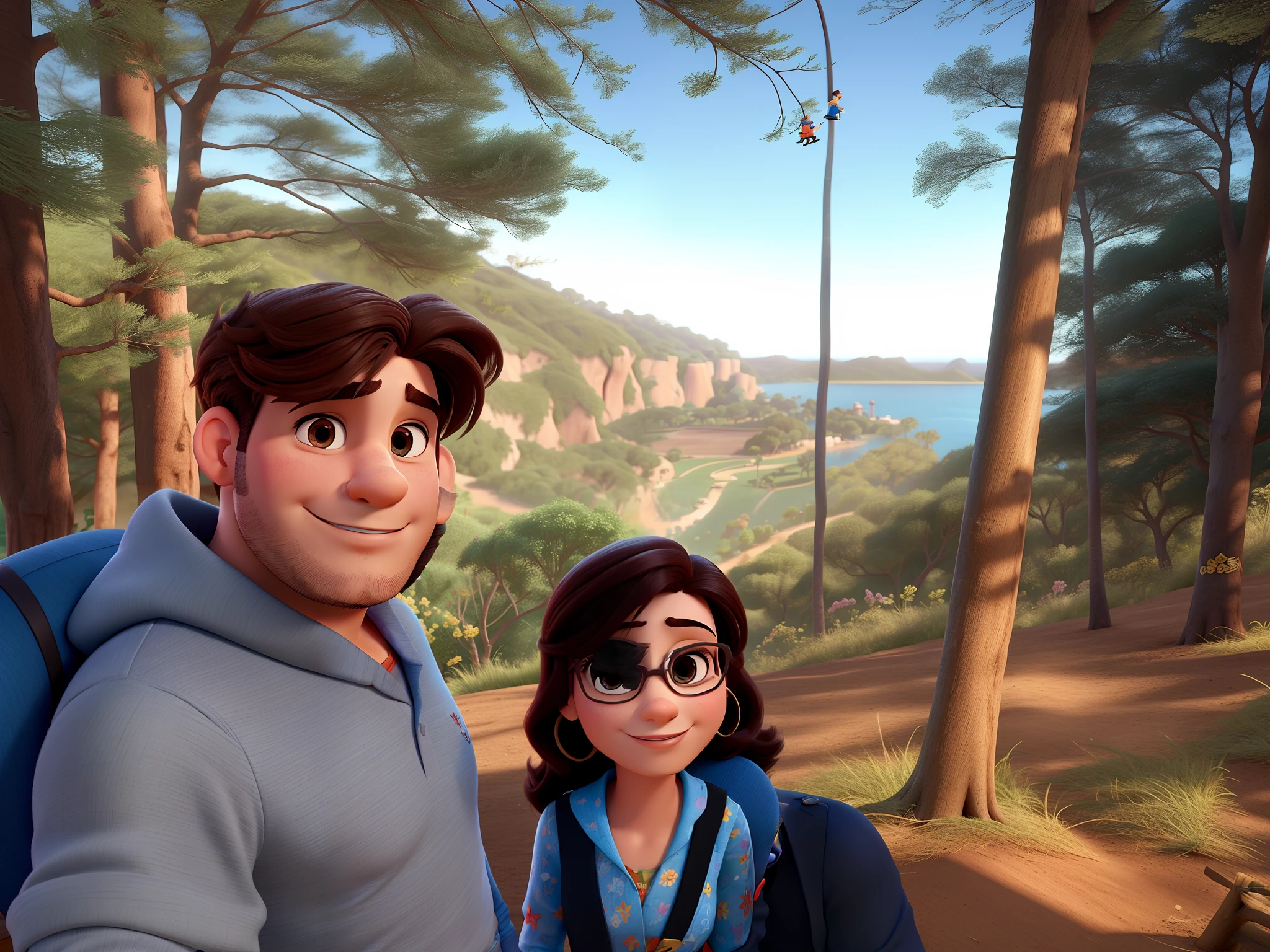 Casal (homem moreno e mulher branca) no estilo Disney Pixar, alta qualidade, melhor qualidade.