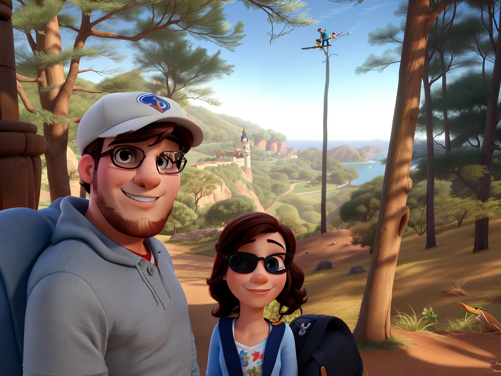 Casal (homem moreno e mulher branca) no estilo Disney Pixar, alta qualidade, melhor qualidade.