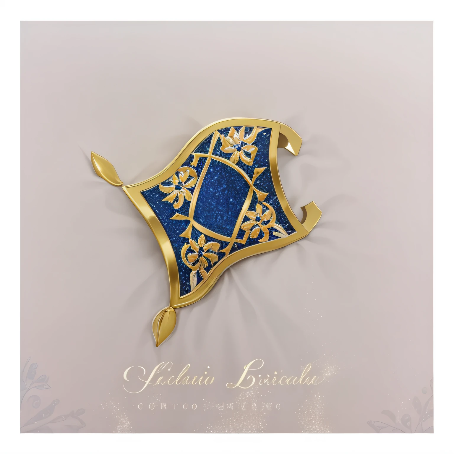 um close up de um pino de bandeira brilhante dourado e azul, arab inspired, arabian nights inspired, ouro e azul, azul e dourado, gold inlay, azul ultramarinho e dourado, corte a laser, imagem detalhada do produto, joias azuis, decoration, Tema pirata, adesivo de glitter, foto do produto em miniatura, arabian sword, tiara com safira, cores com dourado e azul escuro