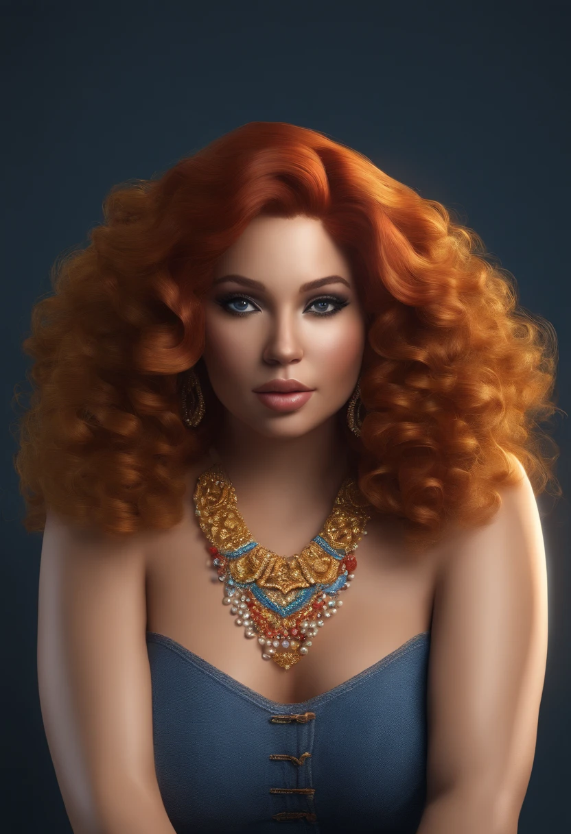 Fat Woman body, skin Brown, SMALL curly red hair,crop top yellow writen "Lisiane " on it and jeans ,and , blue and blue tones hearts, diamonds, pearls, illustration, 3d render, photo, realistic, black eyes, anime, photo, fashion, typography, illustration