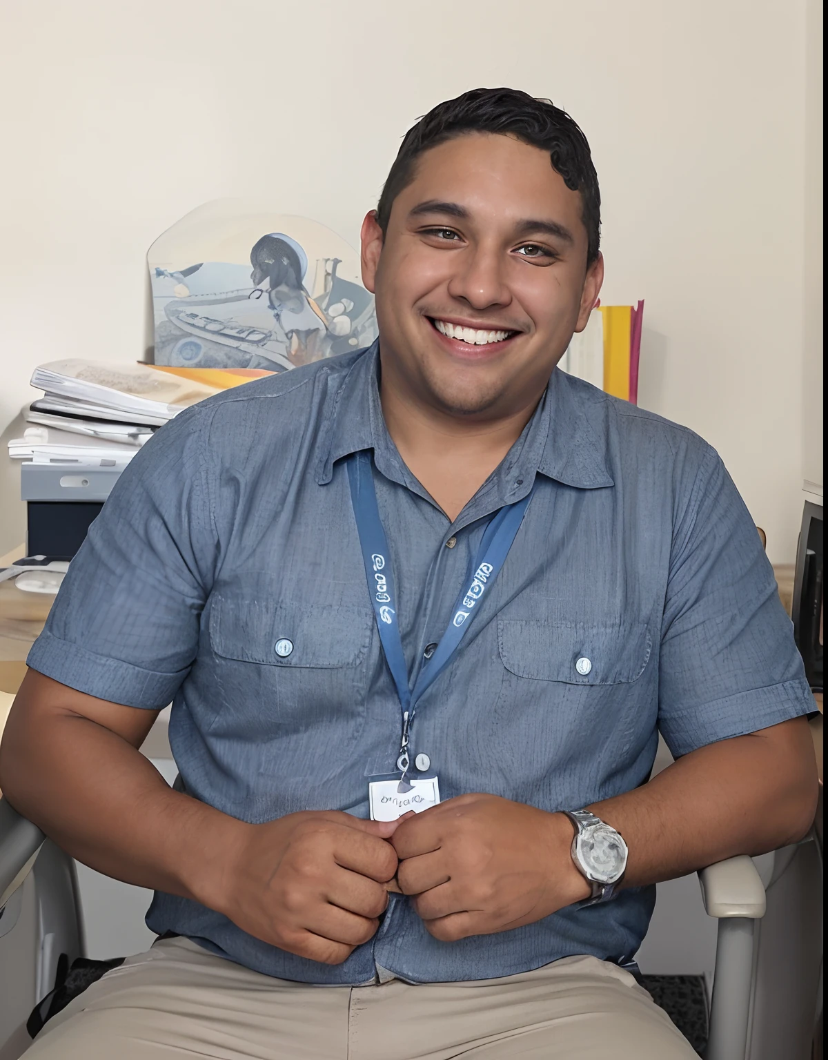 An illustration of a smiling chubby mulatto man, Sitting with your arms in a fist touching your front, with a blue dress blouse and gray pants, with beautiful expressive eyes - the man's skin is mulatto and the man's hair is straight wavy and sideways. He's in a bright office, com um sorriso no rosto, mostrando seus lindos dentes, Possess a watch on your left arm and share a special moment characterized by love, Insights. Illustrate this scene from a perspective where they are facing the camera, Smiling and Showing Your Connection. Desenvolva esta arte em Full HD, Focus on your cinematic touch, estilo Disney Pixar Animations