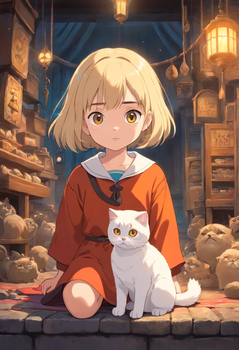 Horror world with a  blondie girl and her pet Scottish fold cat