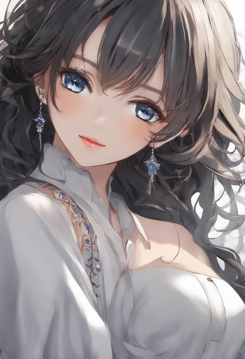 anime,(rosto),(belos olhos detalhados), cabelos pretos,olhos de lascas, master part,Olhando para o Viewer, Melhor_qualidade,fundo branco,master part,camisa branca, arms behind back,
